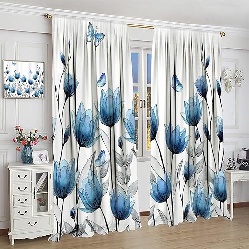 Miniatura 4 de Cortinas de flores azules con tulipanes florales para mujer, plantas botánicas de mariposa, elegantes y pequeñas, para sala de estar, tela de