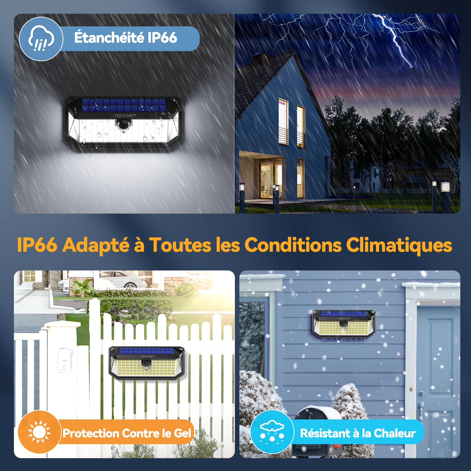 TECKNET Solarleuchte Außen, 4200LM, 416 LEDs, 300° Beleuchtung, 3 Modi, mit Bewegungsmelder, wasserdichte Solarleuchte IP66 für Zaun, Hof, Patio, Garten, Garage, usw. - 4 Stück