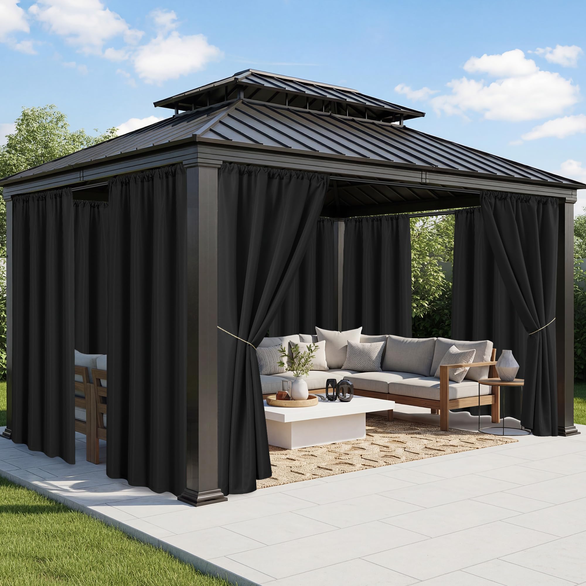 Photo 1 of RichSets Black Outdoor Curtains for Patio Waterproof - 8 Panels Weatherproof Privacy Outside Curtains with Rod Pocket for Pergola, Gazebo, Porch, Cabana, Balcony, 54 x 84 Inch