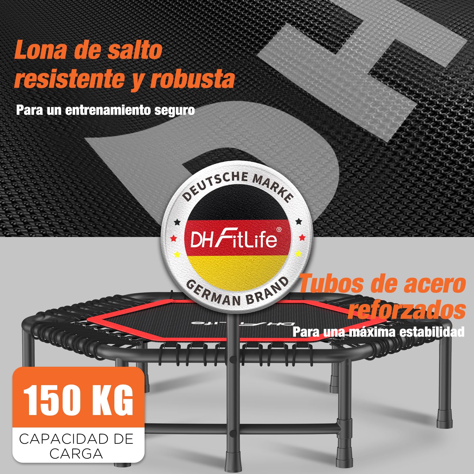 DH FitLife Trampolín Fitness Profesional Ø114 cm, Cama Elástica Interior para Adultos, Estructura Fija, 150 kg, Asa Ajustable 3 Niveles, Silencioso para Jumping Fitness