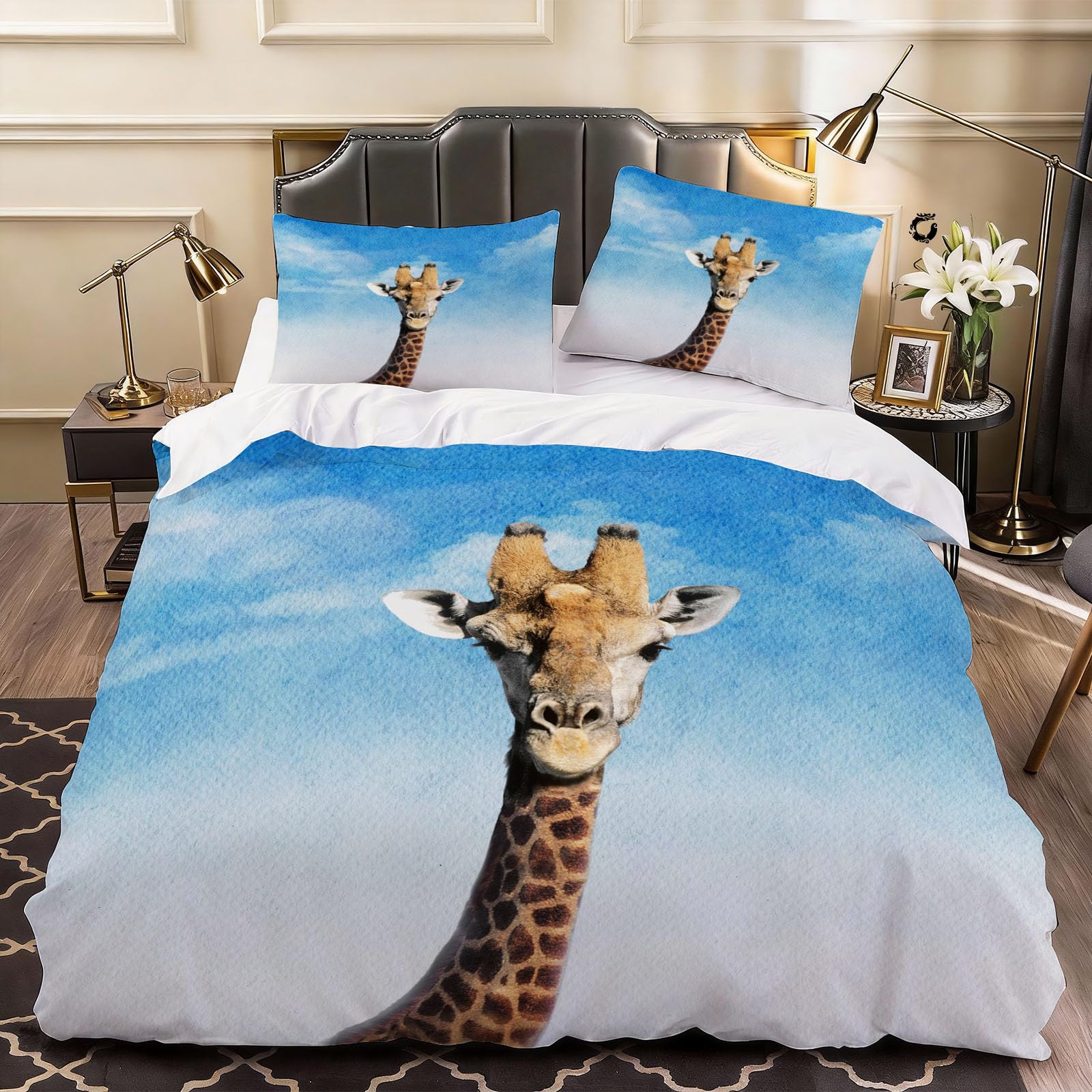 3D Giraffe Duvet Cover Vibrant Wildlife Style Bedding Double Bed Set, Soft Microfiber Comforter Cover Printed with Zipper Closure Quilt Coverr 200x200 cm and 2 Pillowcases