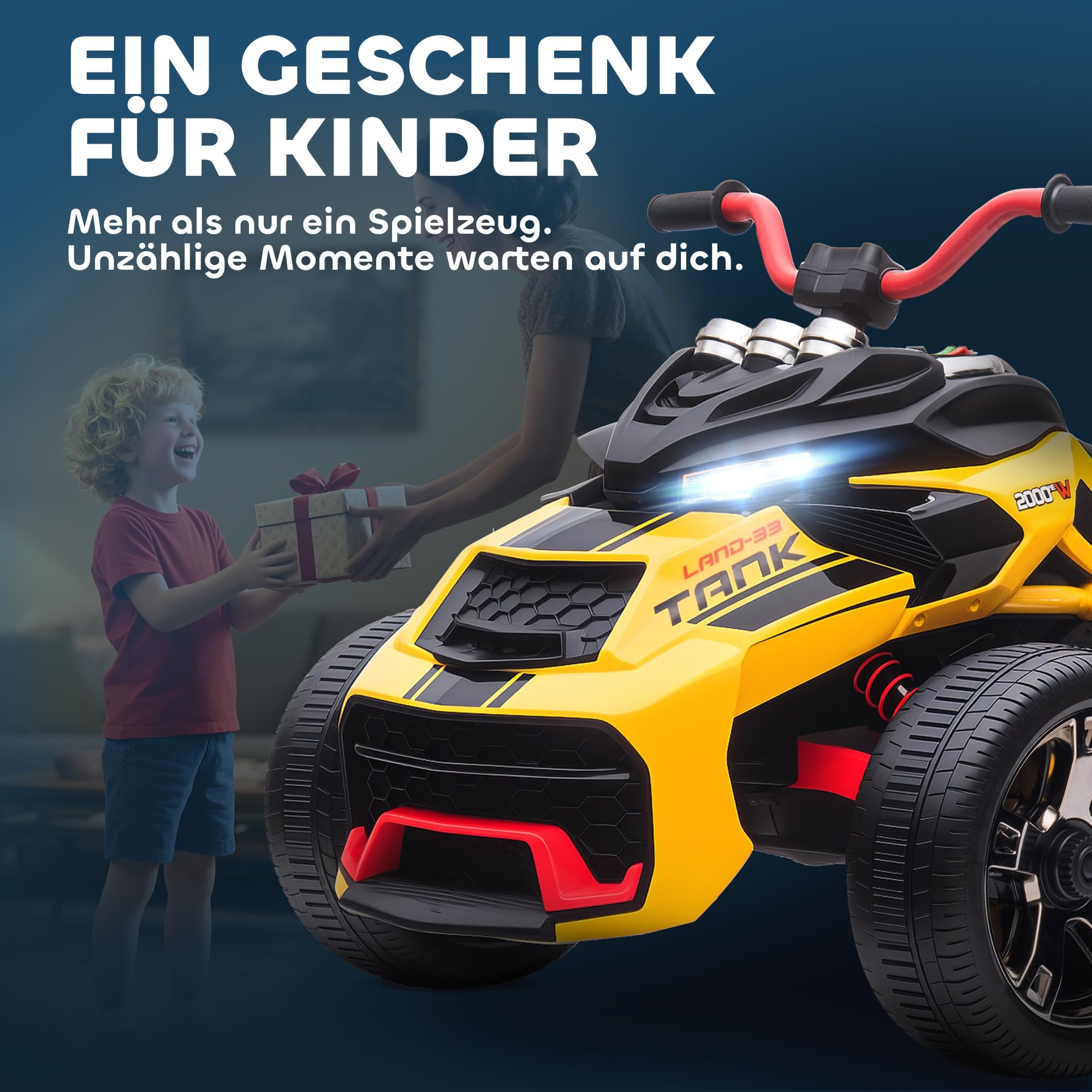 AIYAPLAY Elektro Quad für Kinder 12V Kinderquad 3 Räder 3-8 Jahre Gelb | Vorwärts-, Rückwärtsfunktion, MP3-Player, Hupe, 2 Geschwindigkeiten, LED-Leuchten, Kinderfahrzeug 3-5 km/h