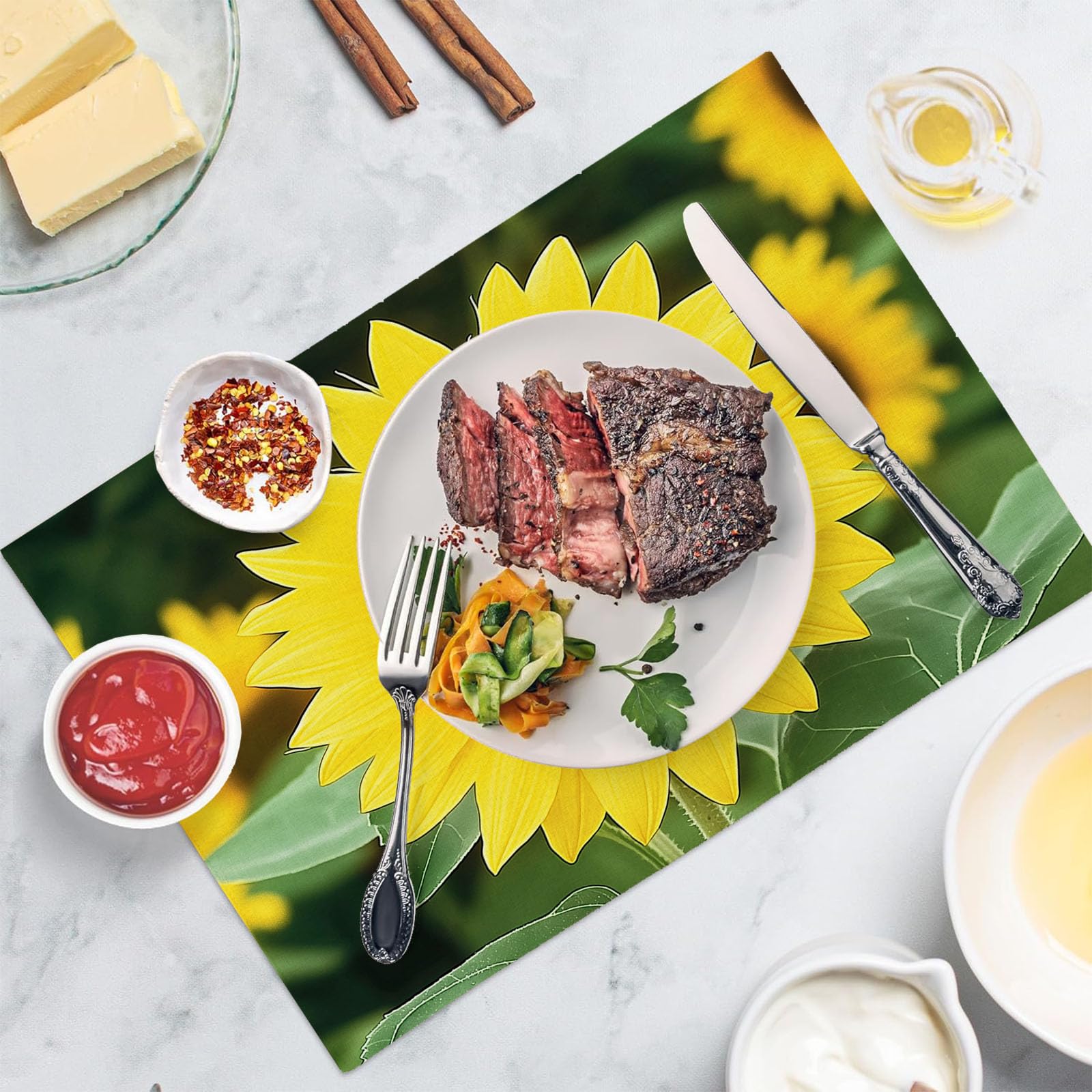 Set di 8 Colazione Stoffa 30x45cm, Natura Girasole Cotone e lino Tovagliette Americane Lavabili, Tovagliette Giallo Petali per Primavera Vacanze Cucina Feste, Pasqua