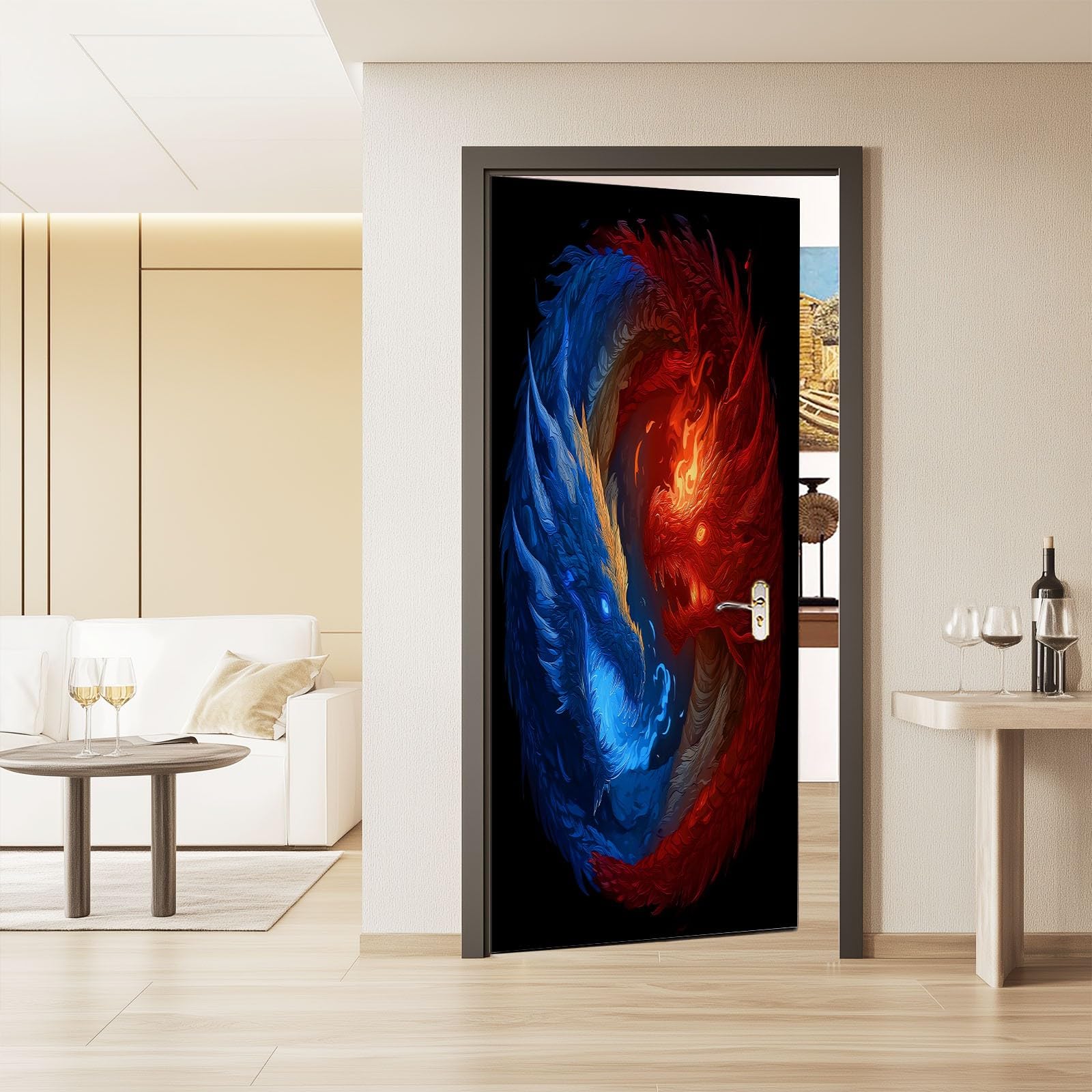 Naklejka 3D na drzwi 90 x 200 cm (szer. x wys.), tapeta na drzwi, obraz ścienny, Yin Yang, symbol smoka zwierzęcego, samoprzylepna, PCW, wodoodporna na drzwi, plakat na drzwi, fantastyczny styl