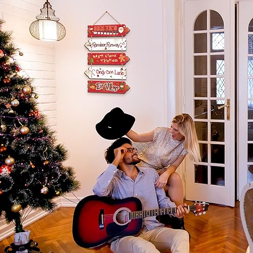 Miniatura 6 de Roowest Letrero colgante de madera de Navidad, decoración de taller de Papá Noel, diseño rústico direccional de flecha de jengibre, decoración de