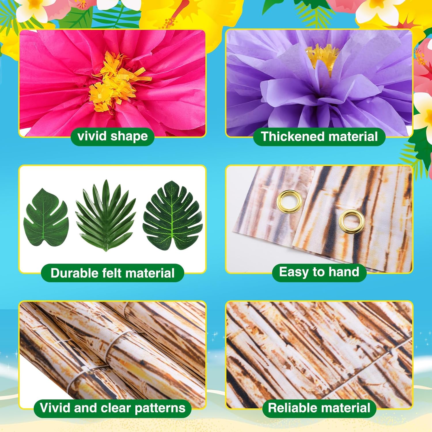 Canlierr 23 Pcs Hawaiian Luau Beach Party Decoration Set, Include Grass Table Skirt Paper Flowers Backdrop 71 x 43 Inch Hawaiian Backdrop 3D Hibiscus Palm Leaves for Aloha Luau Party Supplies (Green)