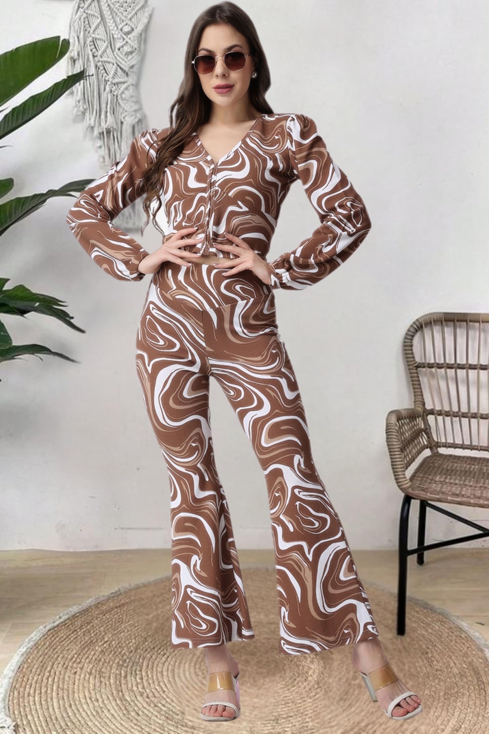 Popwings Casual Brown Marble Printed Crop Top And Trouser Co-Ord Set For Women || Co-Ords Set For Women Stylish Western || Full Sleeves V-Neck Crop Top And Bootcut Trouser Dress Set For Women