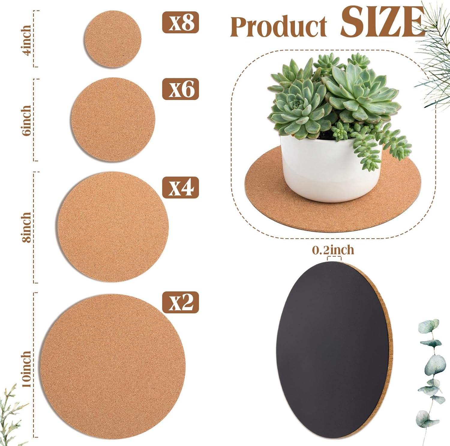 Gejoy 20 Pcs Cork Plant Coasters, Cork Plant Mats Absorbent Round Saucers Placemats for Indoors, Planters, House Plants, Surface Protector for Table & Floor(4/6/8/10 Inch)