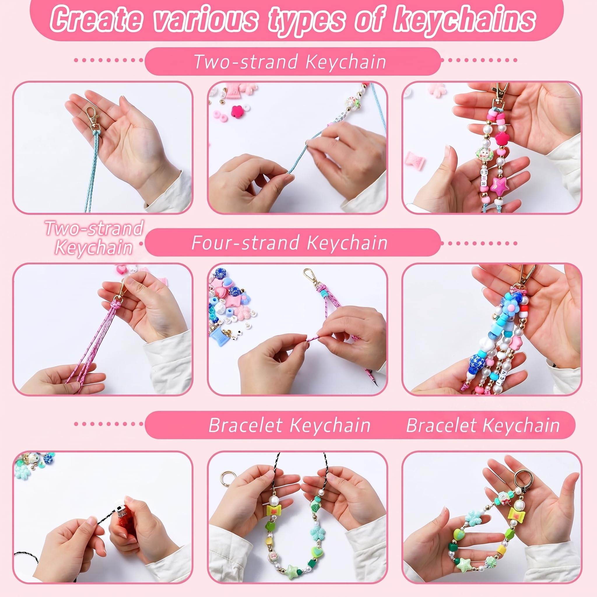 XZNBIAYA Kit di 1000 portachiavi con perline, kit fai da te, kit per la creazione di portachiavi con perline in acrilico, cuore, fiore, alfabeto, portachiavi, kit per la creazione di gioielli