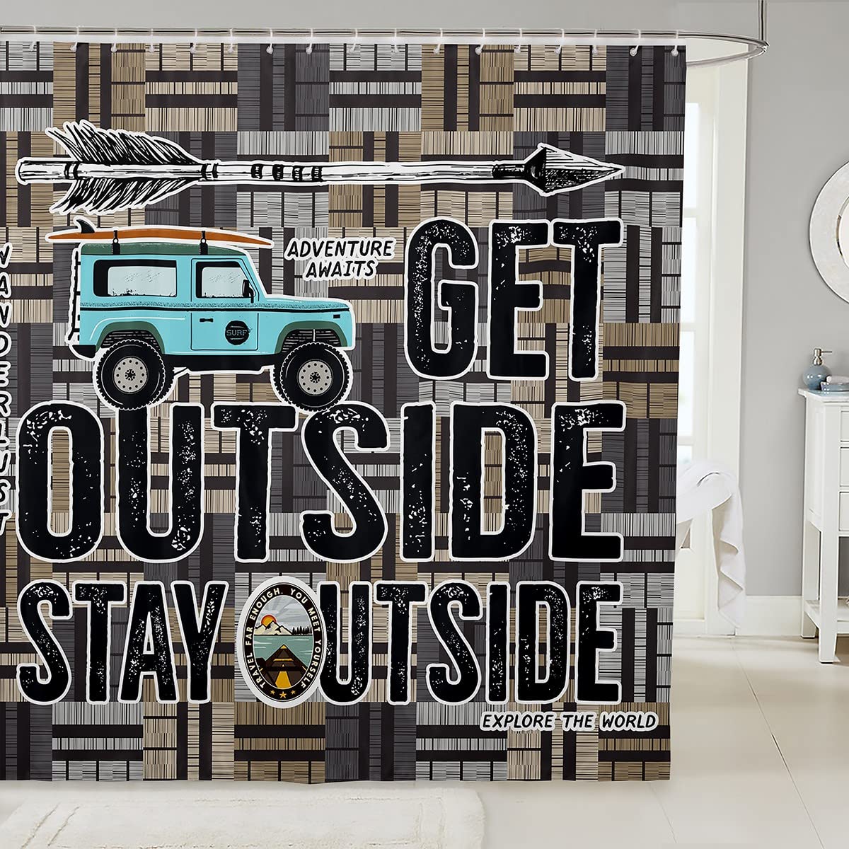 Camping Outdoors Shower Curtain with Hooks Camper Shower Curtain for Boys Girls Kids Rustic Farmhouse Bath Curtain Teal Blue RV Travel Car Waterproof Cloth Fabric Bathroom 72x78 Inch