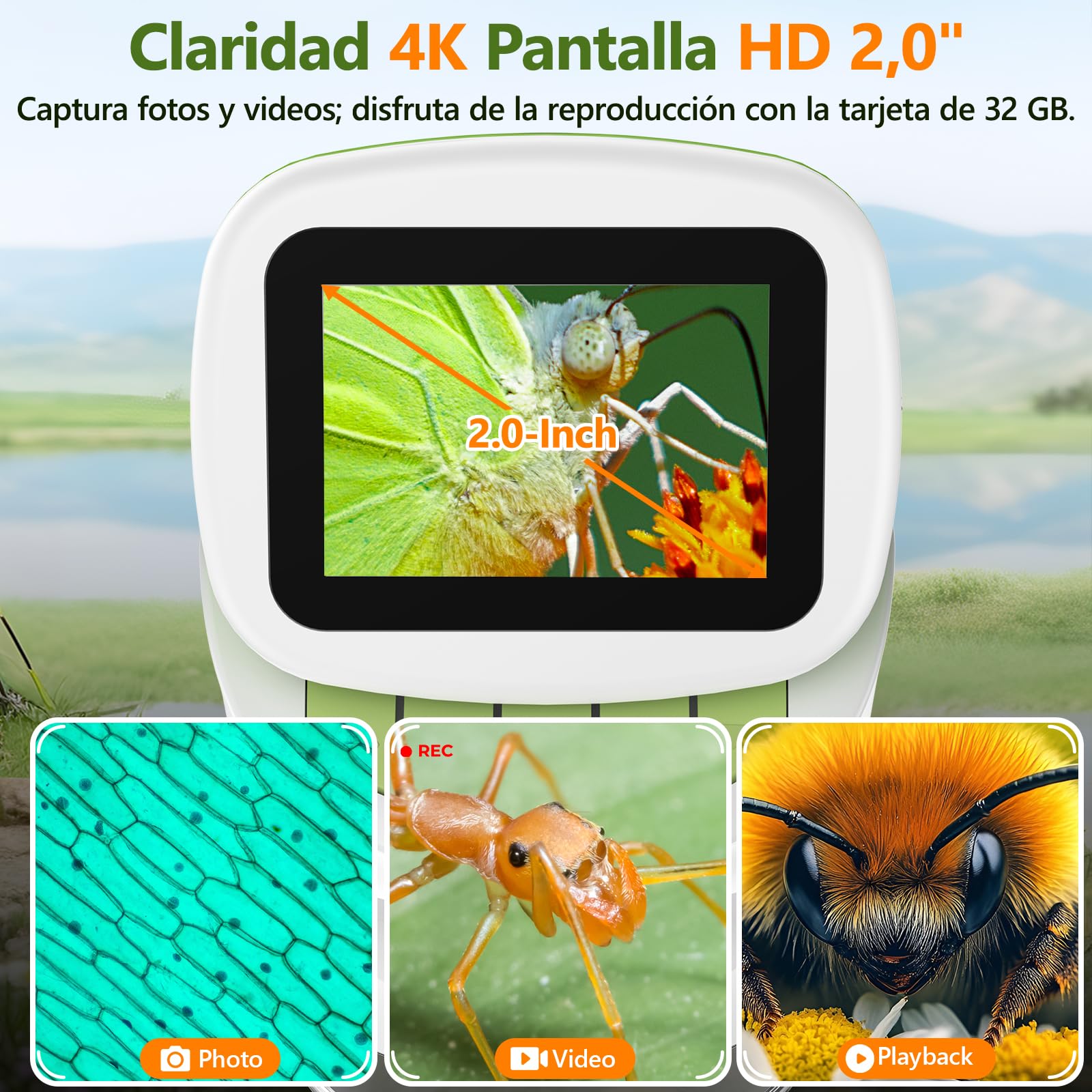 Miniscopio de mano desmontable para niños, pantalla HD 4K de 2 pulgadas, microscopios digitales de juguete de bolsillo 1000X para niños y niñas de 4 a 12 años, kit de tallo científico portátil con