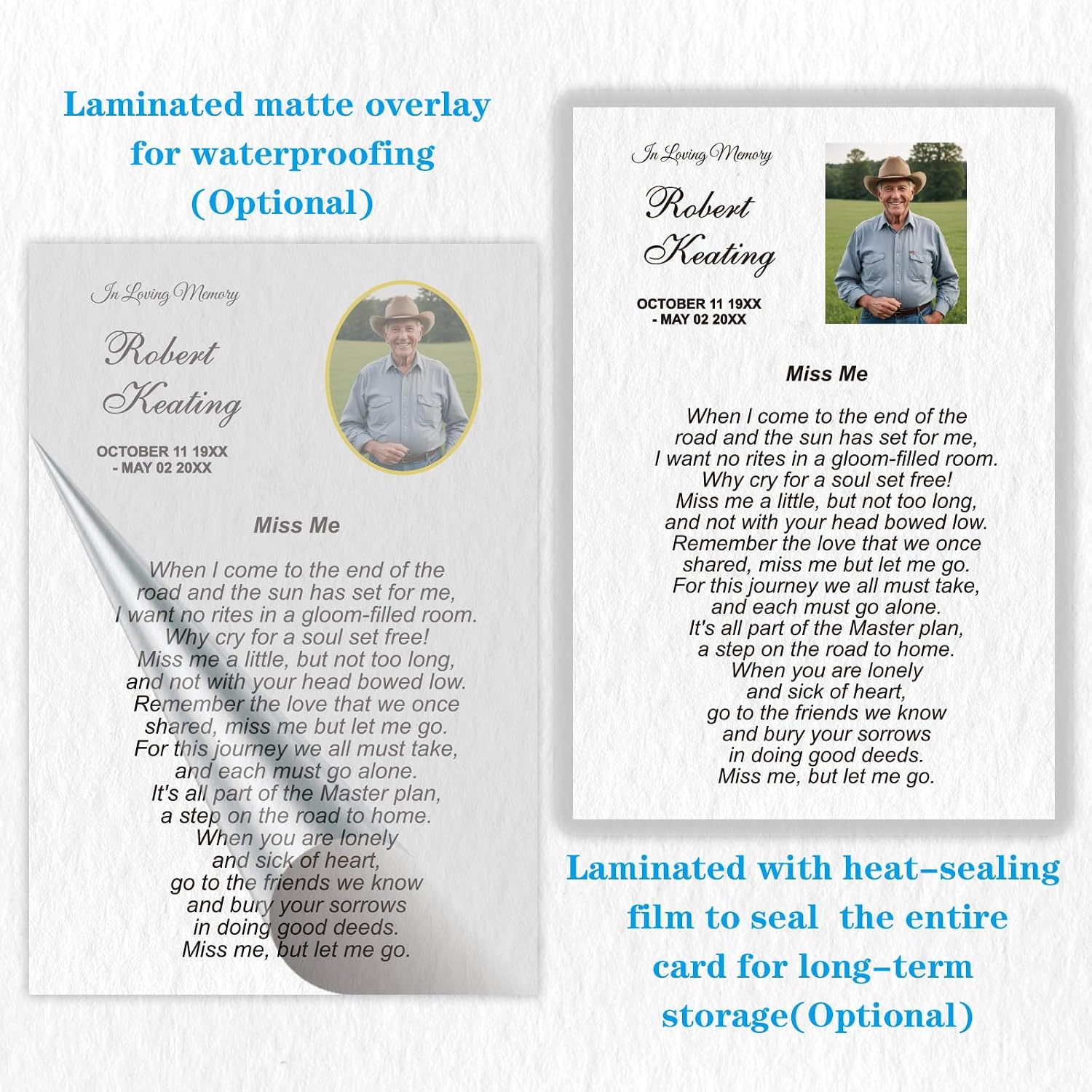 4 x 6 Inch Photo Personalized Memorial Prayer Cards for Funeral,Custom Printed Memory Card,Celebration of Life Bereavement Poems.50pcs and More (Back Printing lmage Style 3)