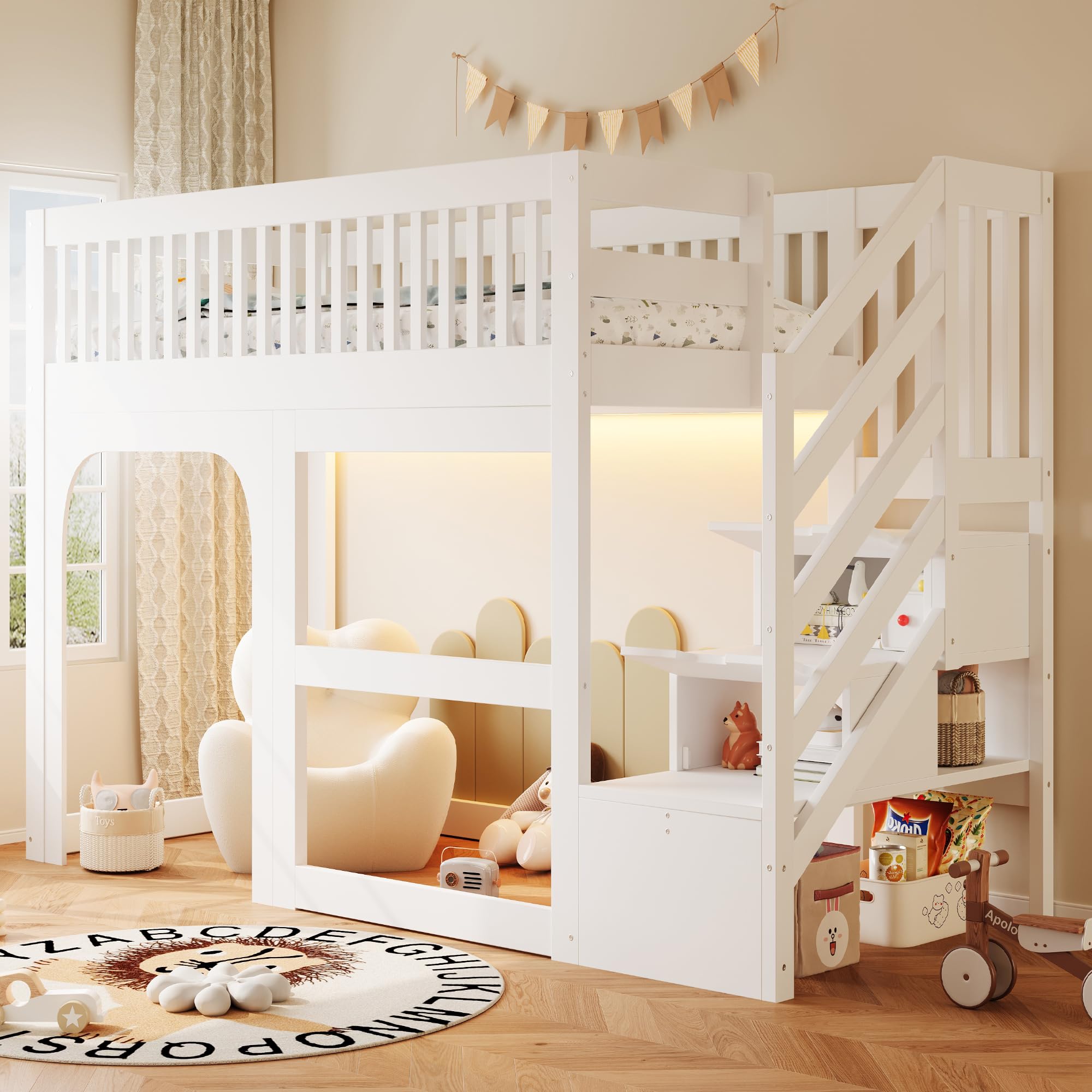 Cama alta infantil de 90 x 200 cm con aspecto de puerta y ventana, con escalera ascendente con espacio de almacenamiento, espacio de almacenamiento abierto debajo de la cama, equipada con iluminación