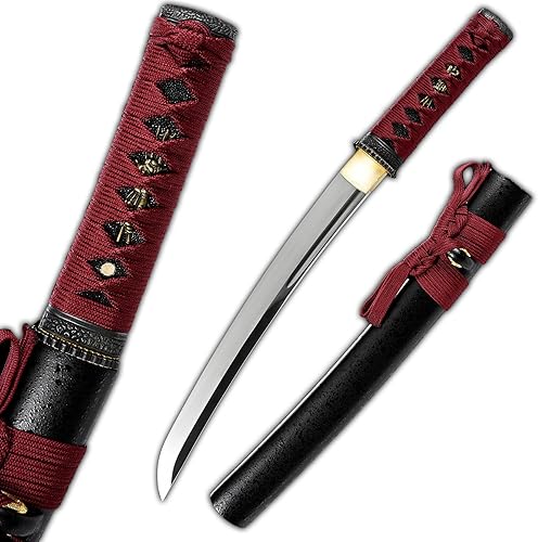 Miniatura 9 de Katana corta de espiga completa de acero al carbono Samurai japonés Tanto de acero al carbono Azul