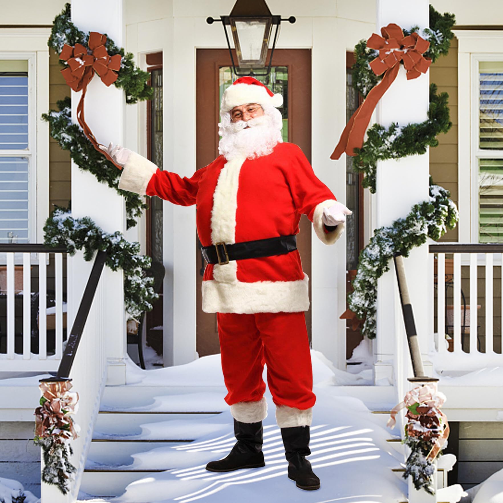 Costume de Père Noël 11 pièces/ensemble tenue de Père Noël pour hommes et femmes, costumes comprenant une veste, un pantalon, un chapeau, une perruque, des lunettes, des gants, cloches
