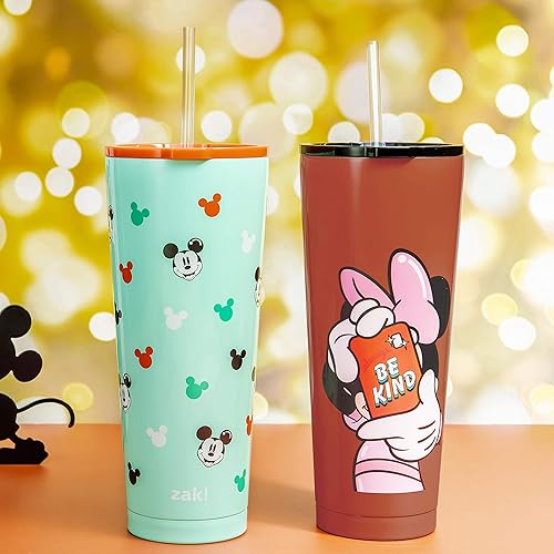 Miniatura 4 de Zak Designs Disney Minnie Mouse - Vaso de viaje de acero inoxidable con aislamiento al vacío con tapa a prueba de salpicaduras, incluye popote de