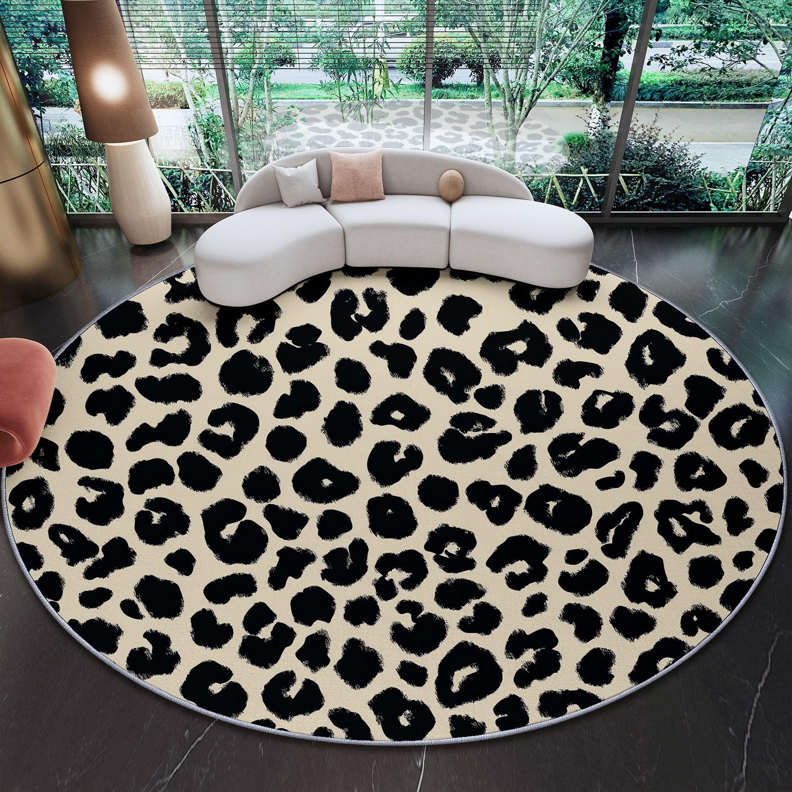 Générique Tapis Rond 160 cm Salon, Design Minimaliste Abstrait Imprimé Léopard Déco Crème Tapis Lavable en Machine et Antidérapant - Idéal Bureau et Fauteuil Roulant Style Moderne