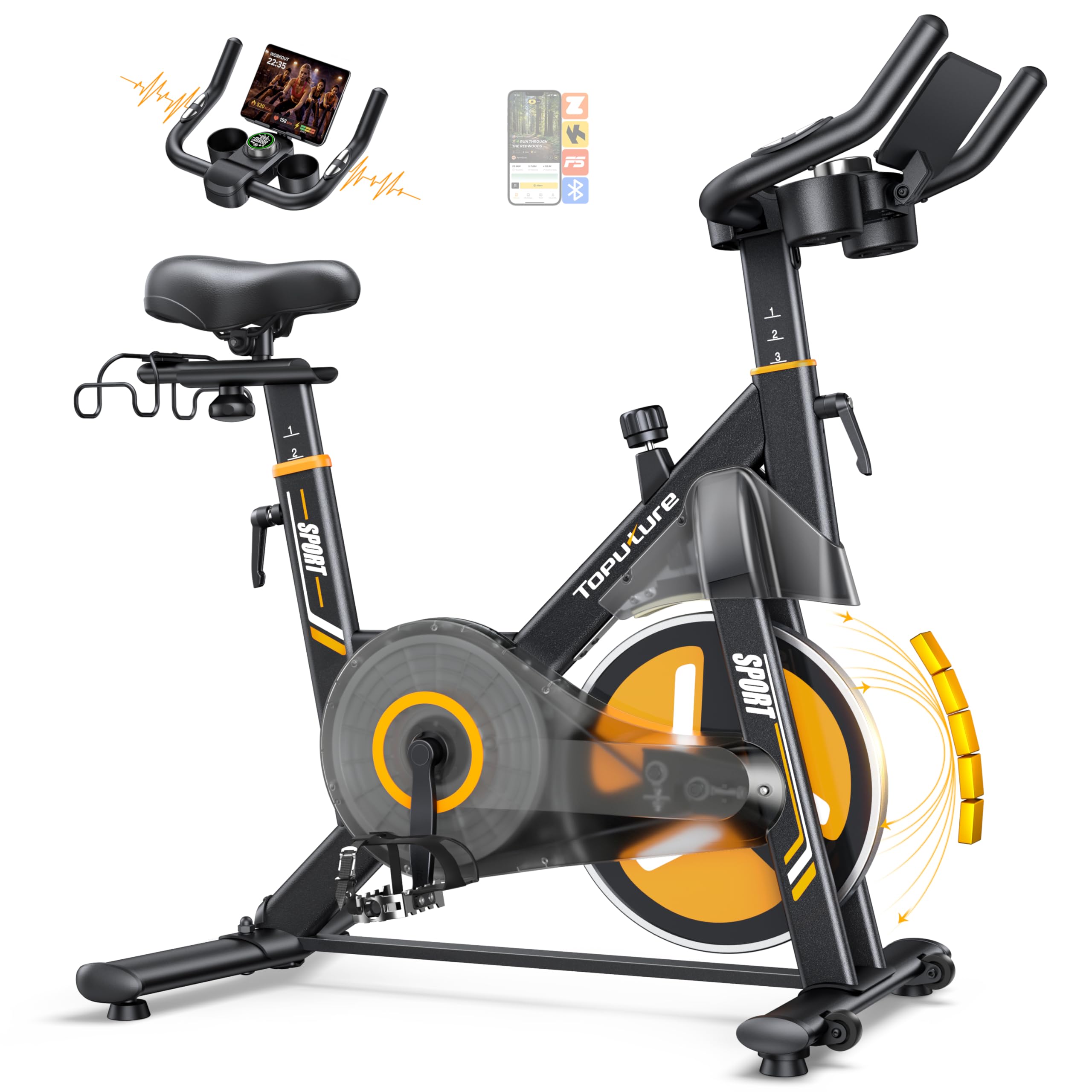 Toputure Neu Heimtrainer Fahrrad mit Elektr. LED-Touchscreen & App, Herzfrequenzmessung, 32 Elektr. Magnetwiderstand Hometrainer, Leiser Ergometer, Dopp. Flaschenhalter, Langhantelständer, Bis 150kg