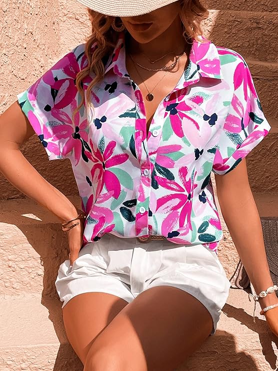 1980s Clothing & Fashion | 80s Style Clothes SweatyRocks Womens Short Sleeve Cute Print Button Down Shirt Tops  AT vintagedancer.com