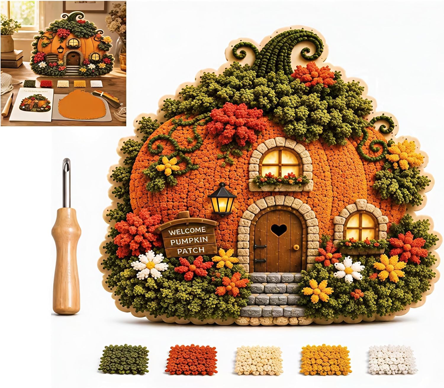 Whimsical Village 3D Fabric Poke Art Kit, Floral Mushroom Cottage,Creative Craft Set,Home Decor Craft Holiday Gift, DIY Handmade Hobby Gift for Adult Beginners，Pumpkin
