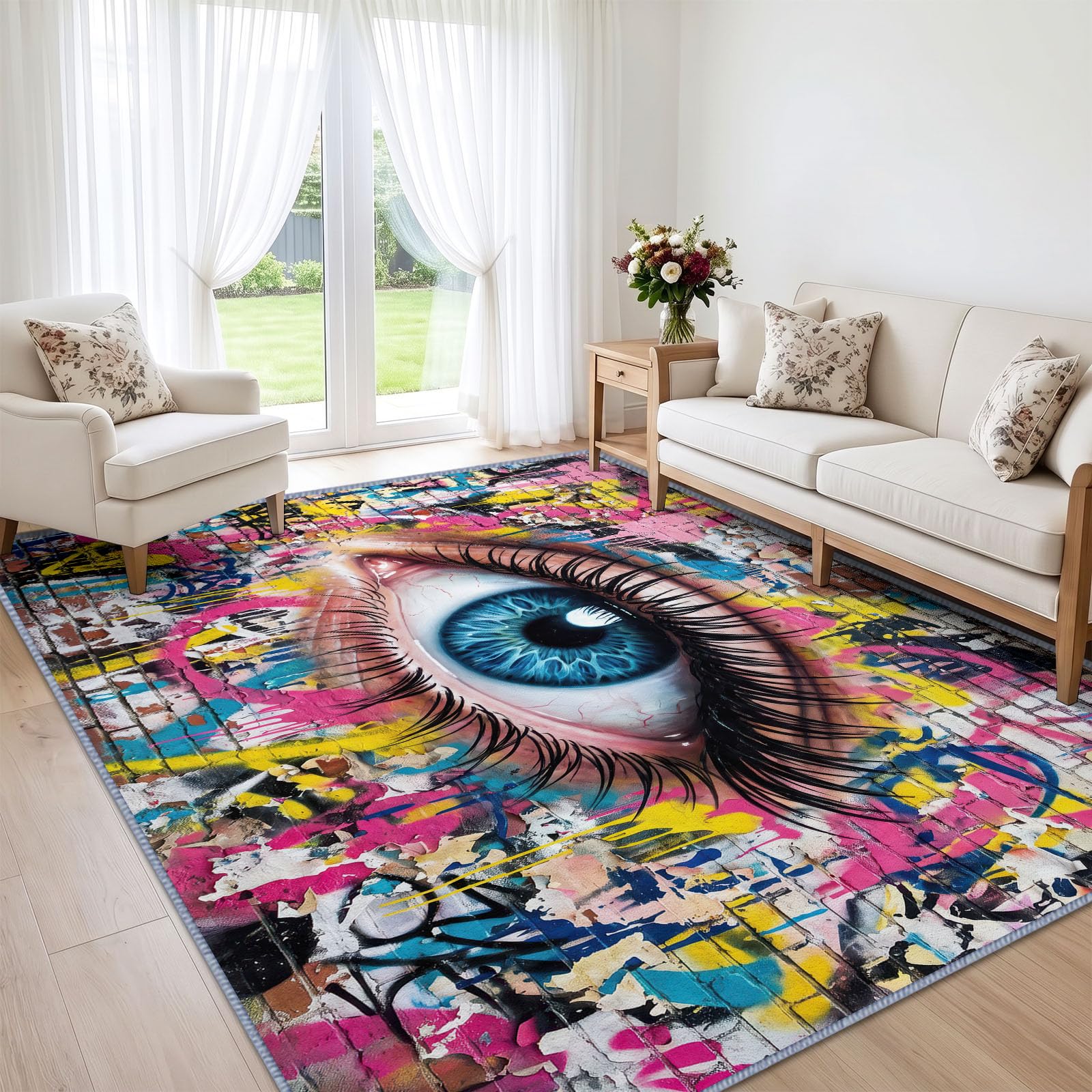 Generisch Menschliches Auge Graffiti Waschbarer Teppich Wohnzimme 160x235 cm, Weich Kurzflor rutschfest Modern Surreal Mode Trendig Teppich für Schlafzimmer Esszimmer Büro