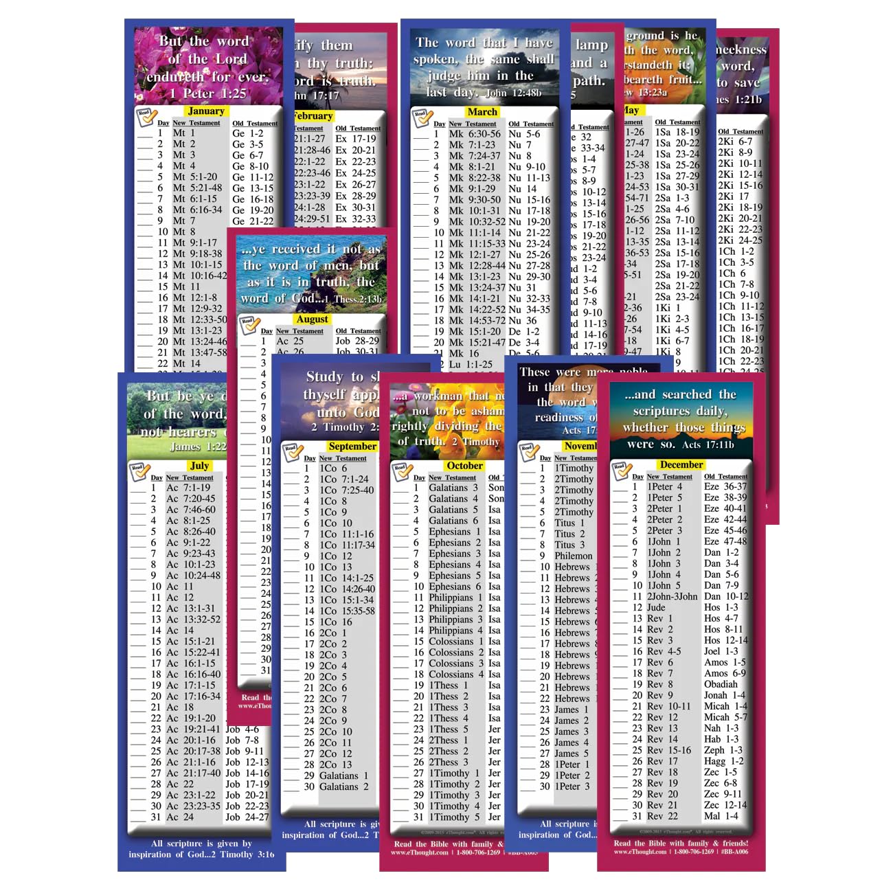Daily Bible Reading Schedule by Month - 4 Sets of 6 Designs - Total Qty of 24 (2.75