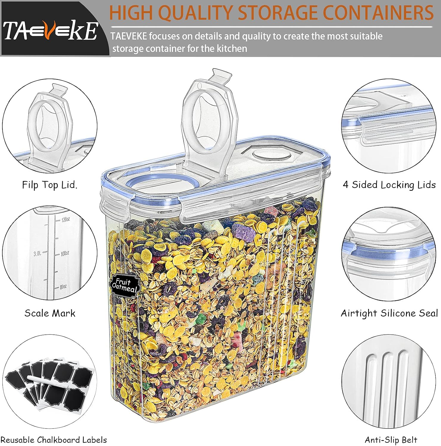 Cereal Storage Container Set,TAEVEKE Airtight Dry Food Storage Containers,5PCS/4L BPA Free Plastic Airtight Food Storage Containers for Sugar, Flour, Baking Supplies,Leak-proof with Locking Lids