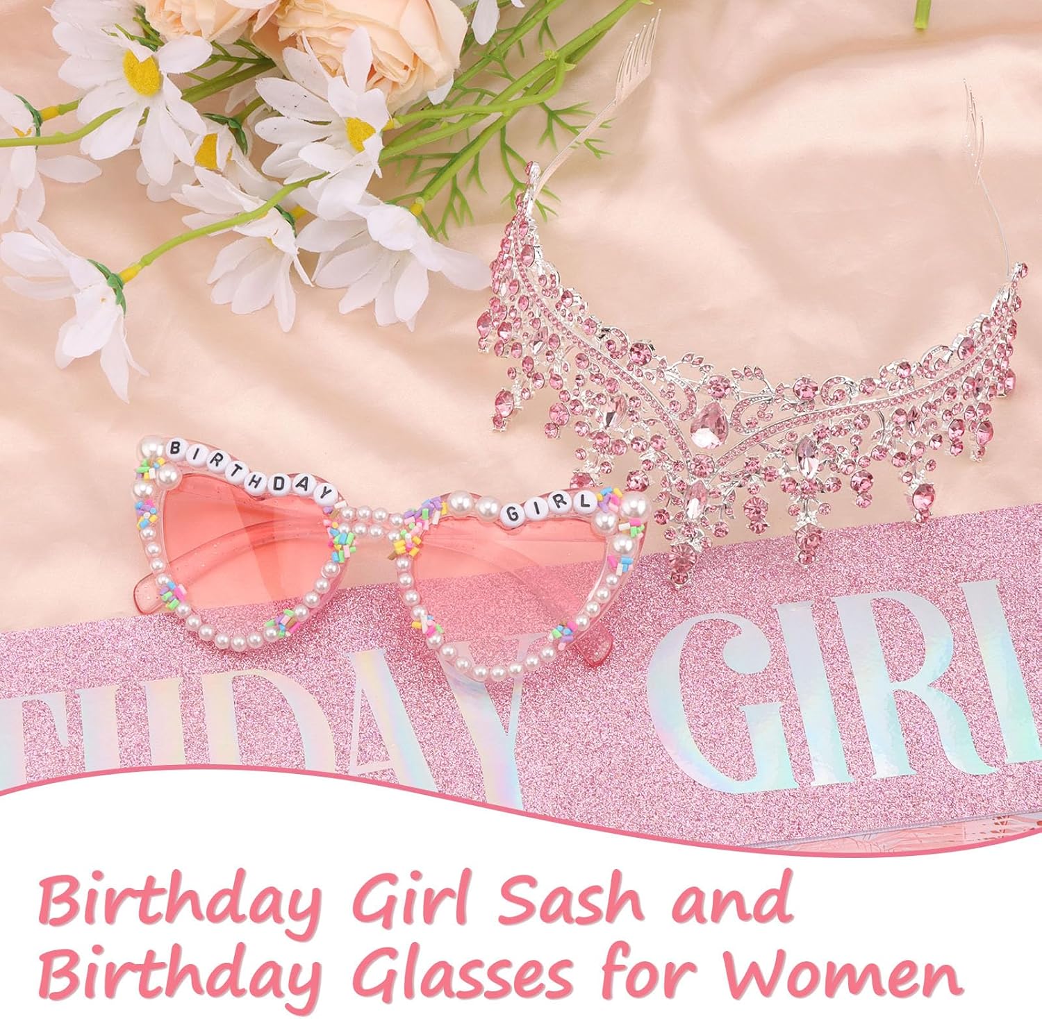 Birthday Girl Sash and Crown Set with Glasses - Pink Birthday Sash for Women Girls, Princess Tiara Crown, Sparkling Sash, Fun Glasses for Birthday Party Decoration - Image 2