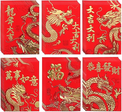 Cabilock 60 sobres rojos 2024 Dragón chino Año Nuevo Dinero Bolsillos Lucky Hong Bao regalo sobres de dinero en efectivo paquetes para Año Nuevo