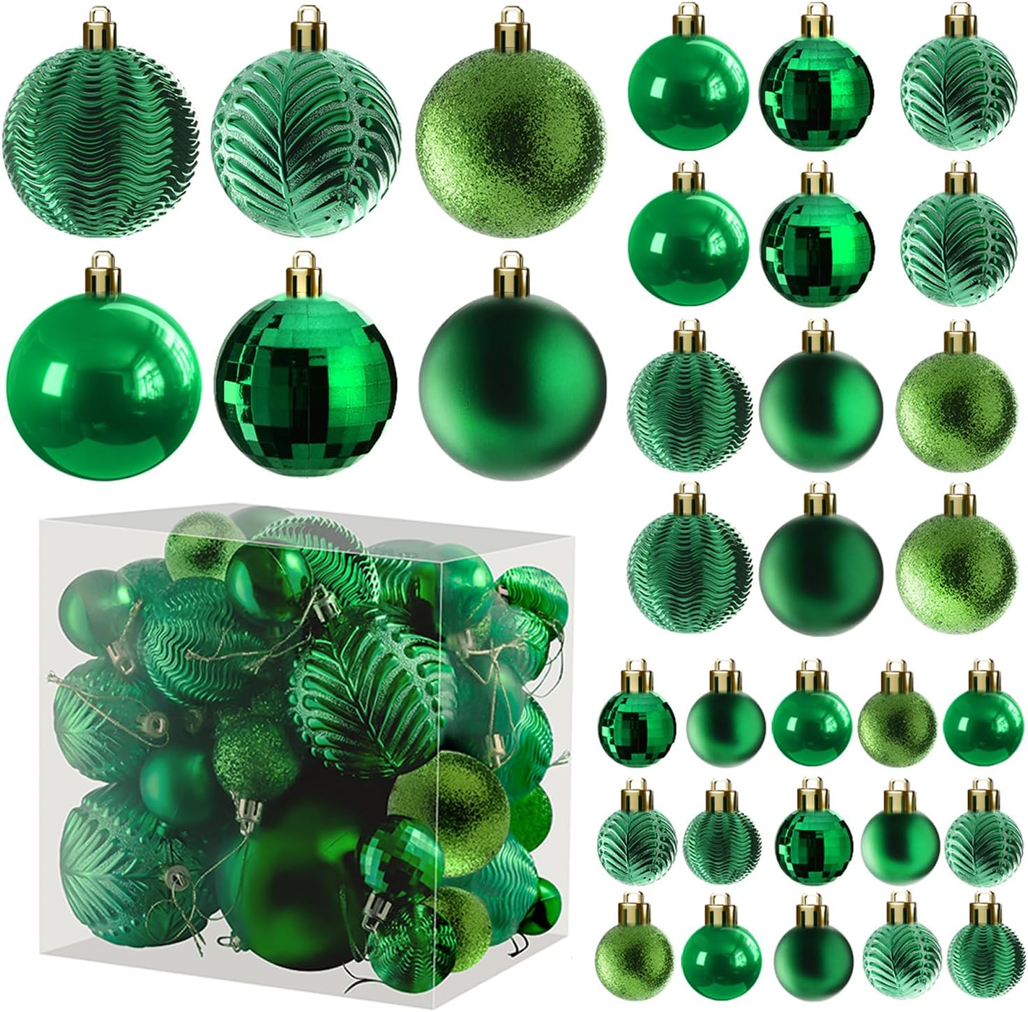 Prextex 36-Pieces Green Christmas Ornaments Set - Shatterproof, Festive Christmas Tree Balls Decorations in 3 Sizes and 6 Styles with Hanging Loops for Tree, Wreath, and Dazzling Holiday Party Decor