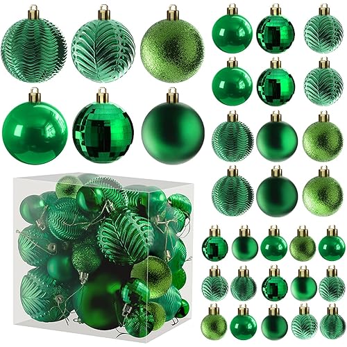 Prextex 36-Pieces Green Christmas Ornaments Set - Shatterproof, Festive Christmas Tree Balls Decorations in 3 Sizes and 6 Styles with Hanging Loops for Tree, Wreath, and Dazzling Holiday Party Decor