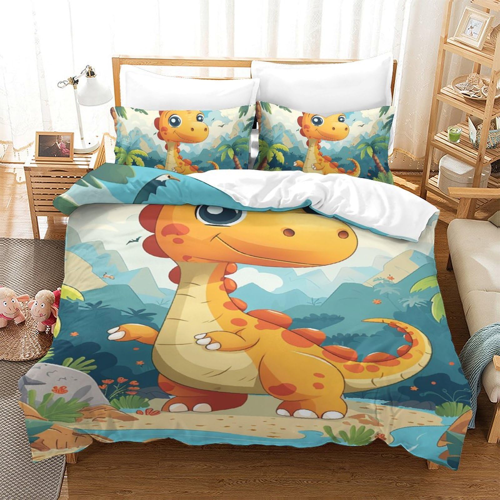 Housses de couettes dinosaures 3D hypoallergénique lit simple 140x200cm