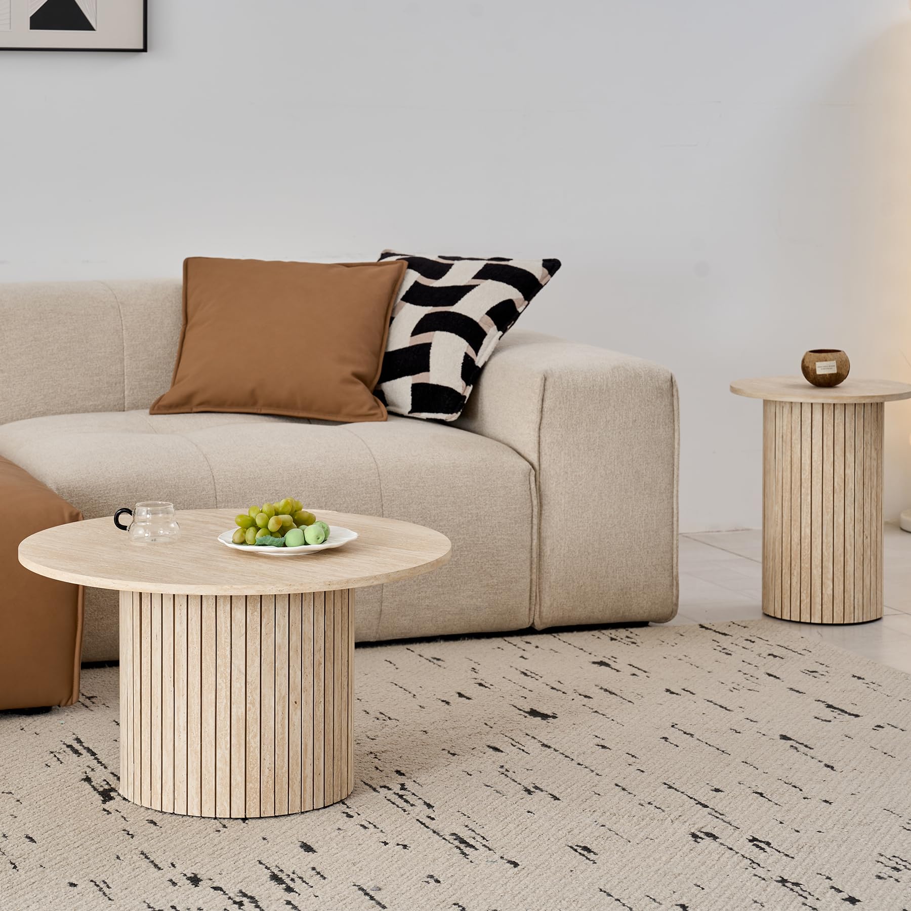 2er-Set runder Couchtische, Modernes Geriffeltes Trommel-Couchtisch-Set für Wohnzimmer, Schlafzimmer, Balkon und Büro (Travertin-Maserung, Hellgelb)