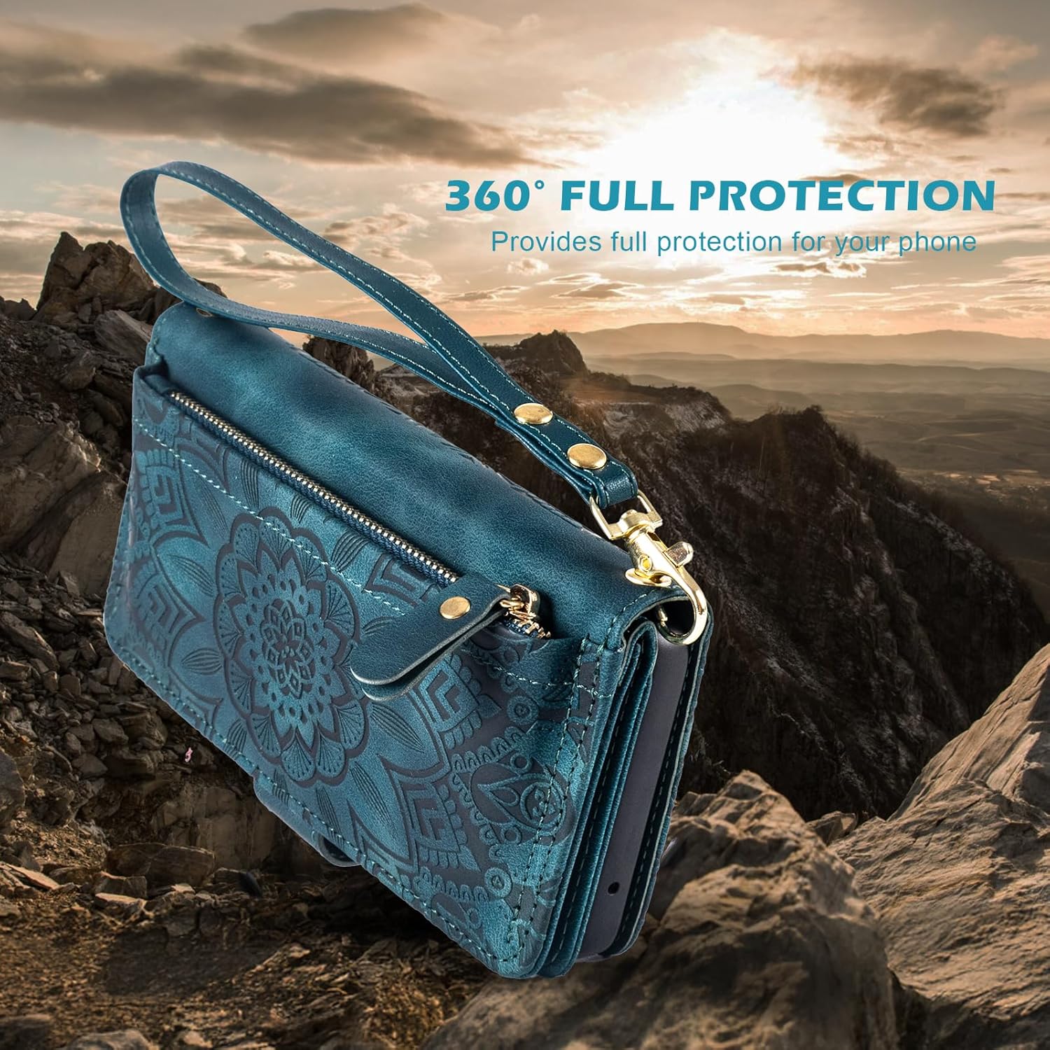 Harryshell for iPhone 15 Pro 6.1 inch Detachable Magnetic Case Wallet,Compatible with Magsafe Wireless Charging, [ RFID Blocking ] Card Slots, Cash Zipper Pocket Wrist Strap (Floral Teal)