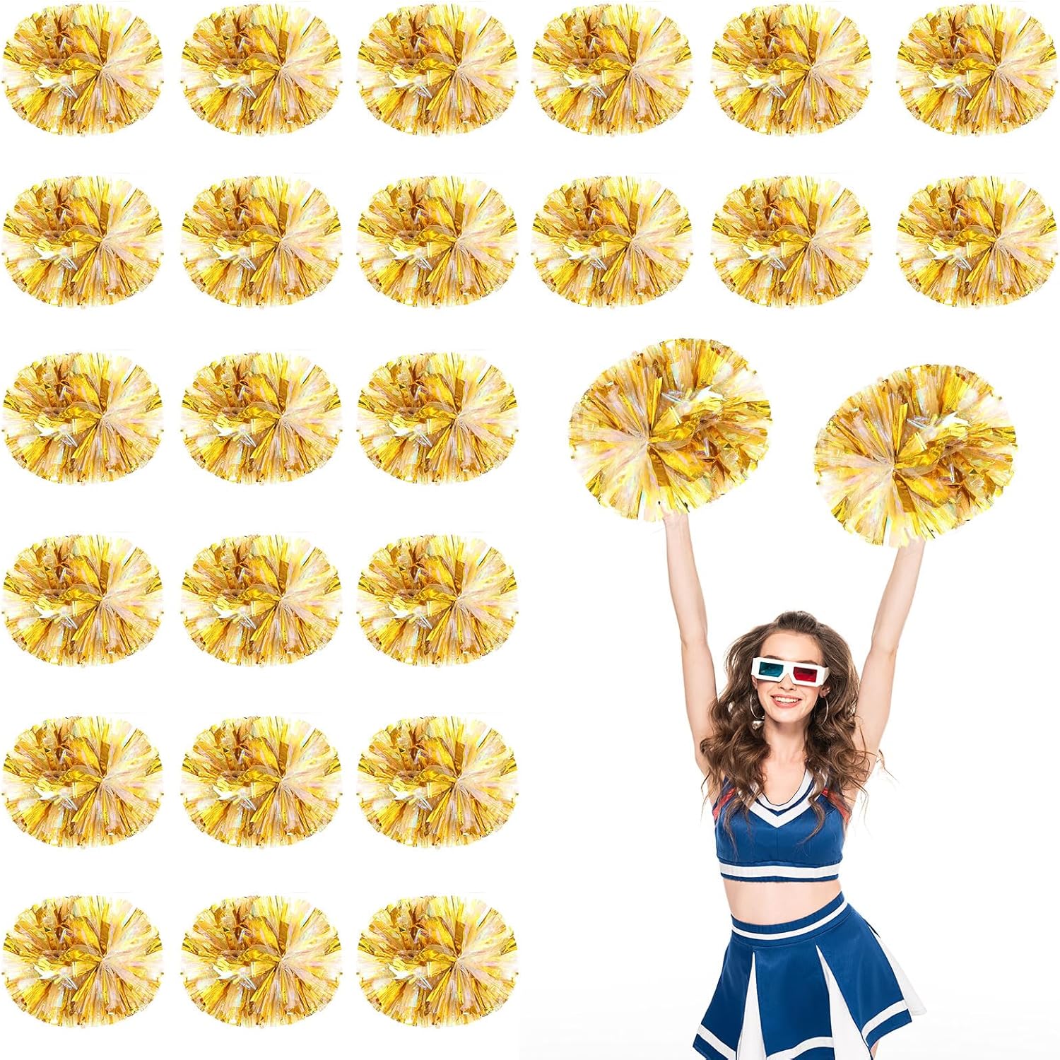 Metallic Cheerleading Pom Poms, 24Pcs Cheerleaders Cheer Pom Poms with Baton Handle Metallic Foil Pompoms for Adult (Yellow)