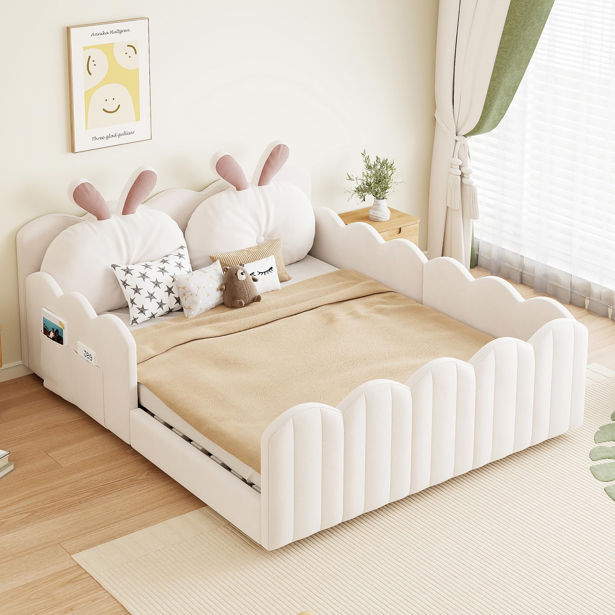 Gepolstertes Plattformbett mit Kissen in Kaninchenform, Beige (140x200CM)
