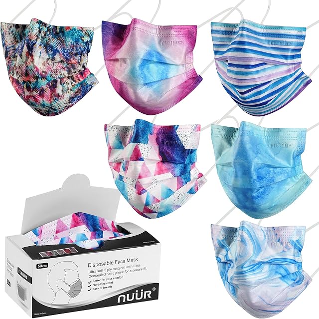 NUÜR Disposable Face Mask, 3Ply Mask with Filter Layer and Elastic Earloop, Retail 50pcs/box