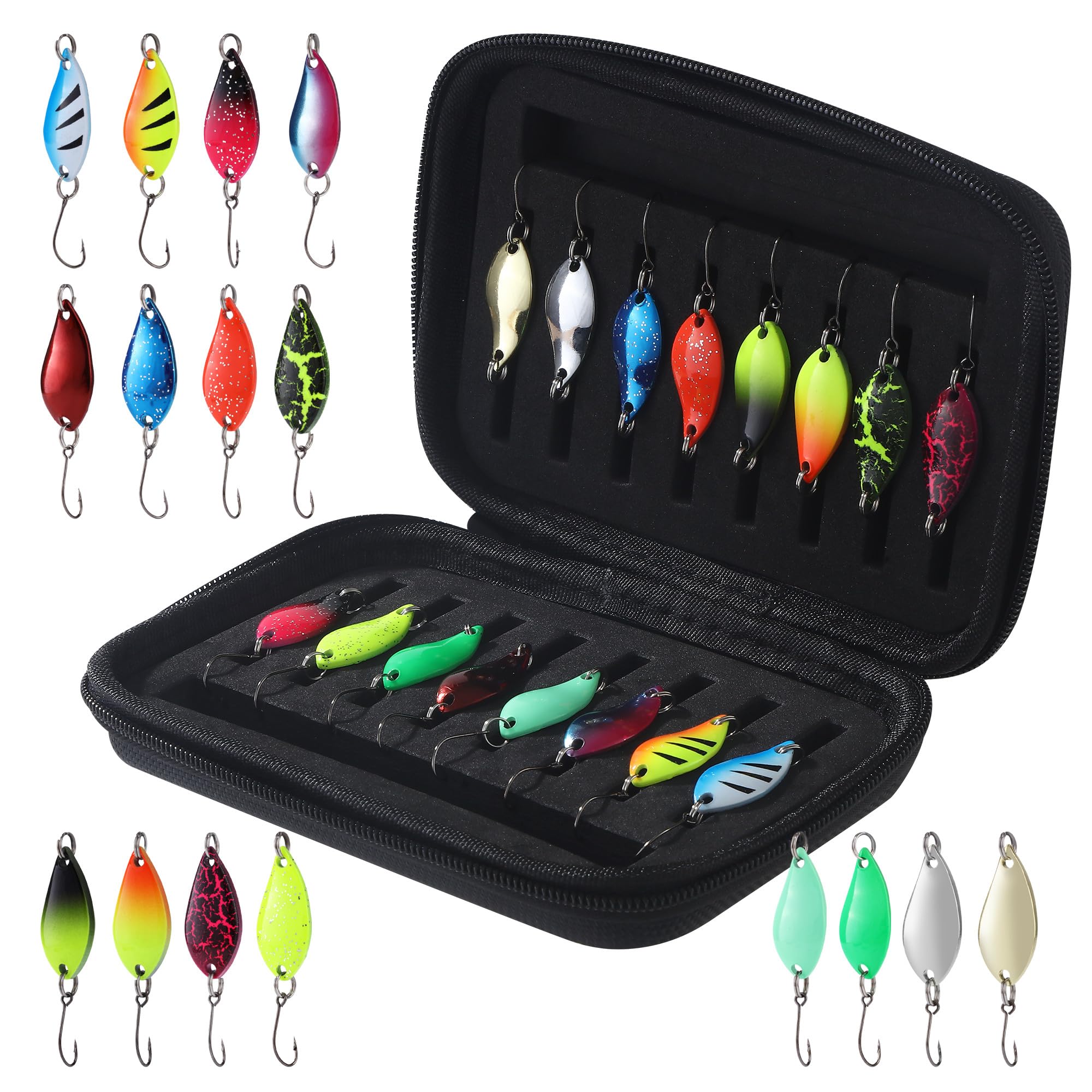 16 Stücke Spoons Forelle Set Forellenköder,2.5g/3.5g/5g Angelzubehör mit Aufbewahrungsbox Kunstköder Spinner Blinker Set,Forellen Blinker