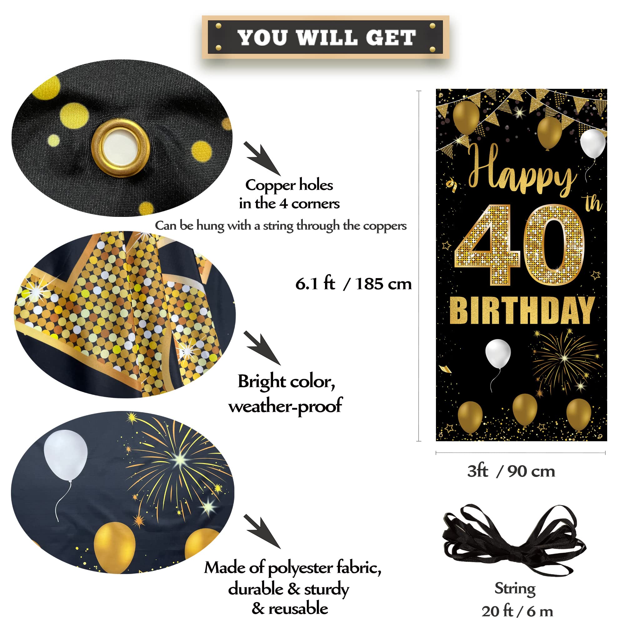 Türbanner Zum 40. Geburtstag – Schwarz-Gold, 90 X 185 Cm, Mit Aufhängebändern, Wiederverwendbar Für Party-Deko & Fotohintergrund