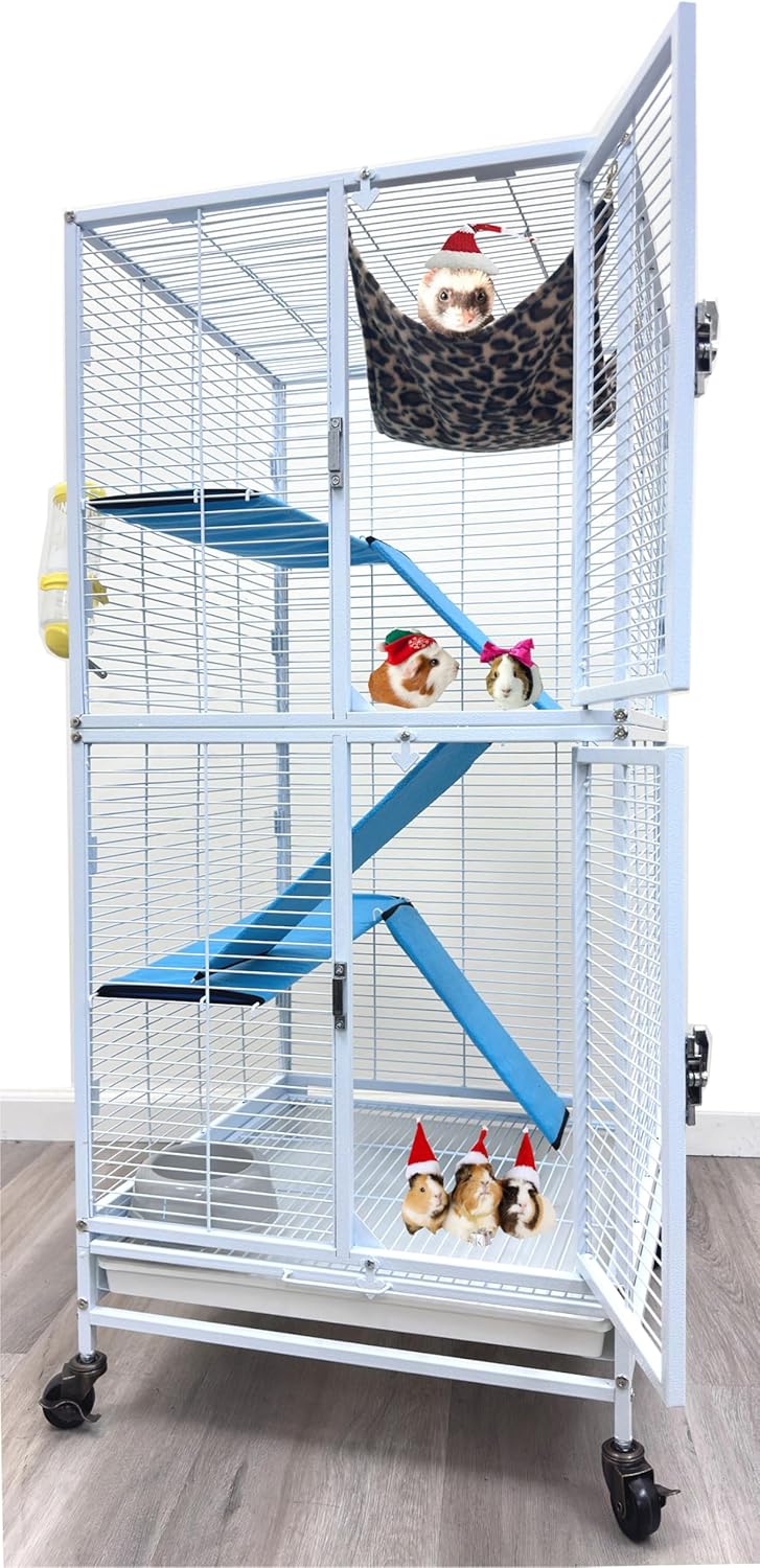 Deluxe Two Full Story Double Unit 4-Tiers Chew-Proof Tight 1/2-Inch Bar Spacing Double Durable Front Doors Feisty Ferret Hammock Squirrel Chinchilla Rat Gerbil Small Animal Critter Rolling Cage
