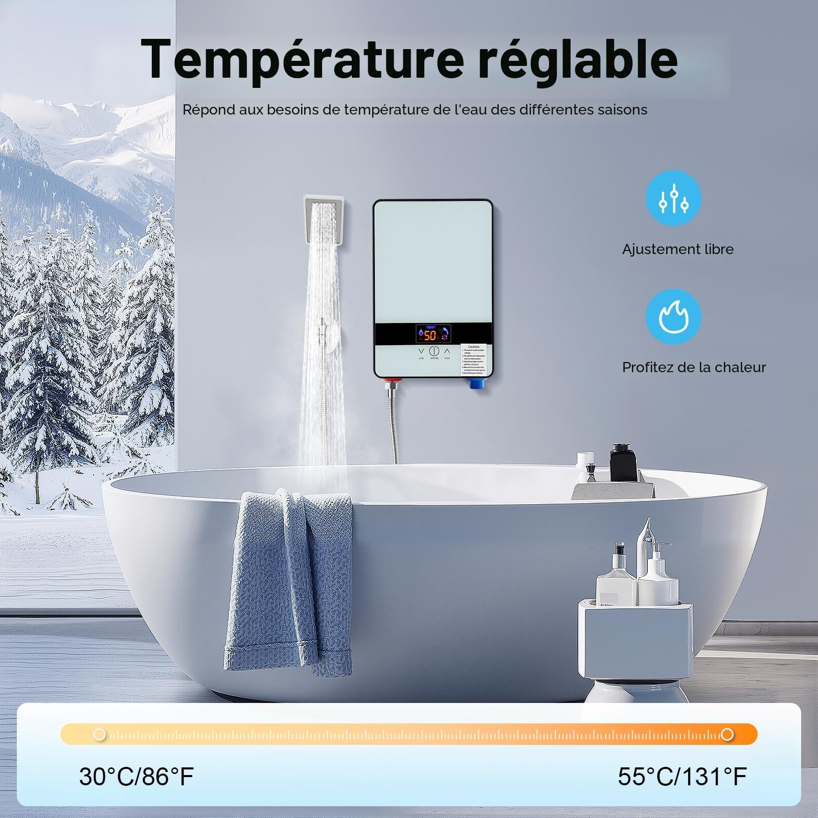 Chauffe-eau électrique instantané avec douchette à main - Chauffe-eau électrique pour salle de bain douche - 18,6 x 5,7 x 27,7 cm - 6500 W - Blanc