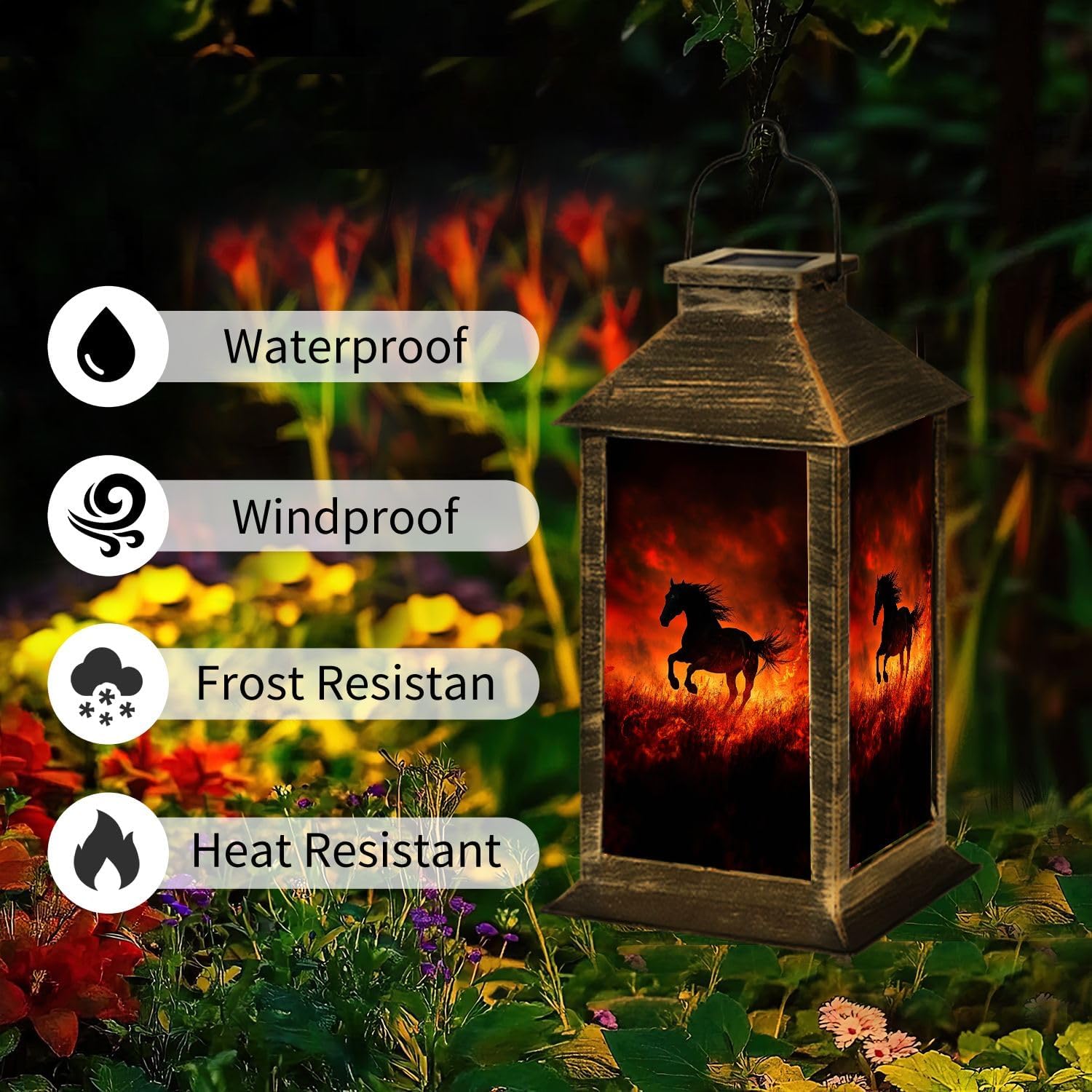 Solar Lantern Galloping Horse Fiery Autumn Sunset Canvas Outdoor Waterproof Garden Hanging Lantern Solar Powered Lighting Outside Table Lamp for Patio Deck Camping 1 Pack
