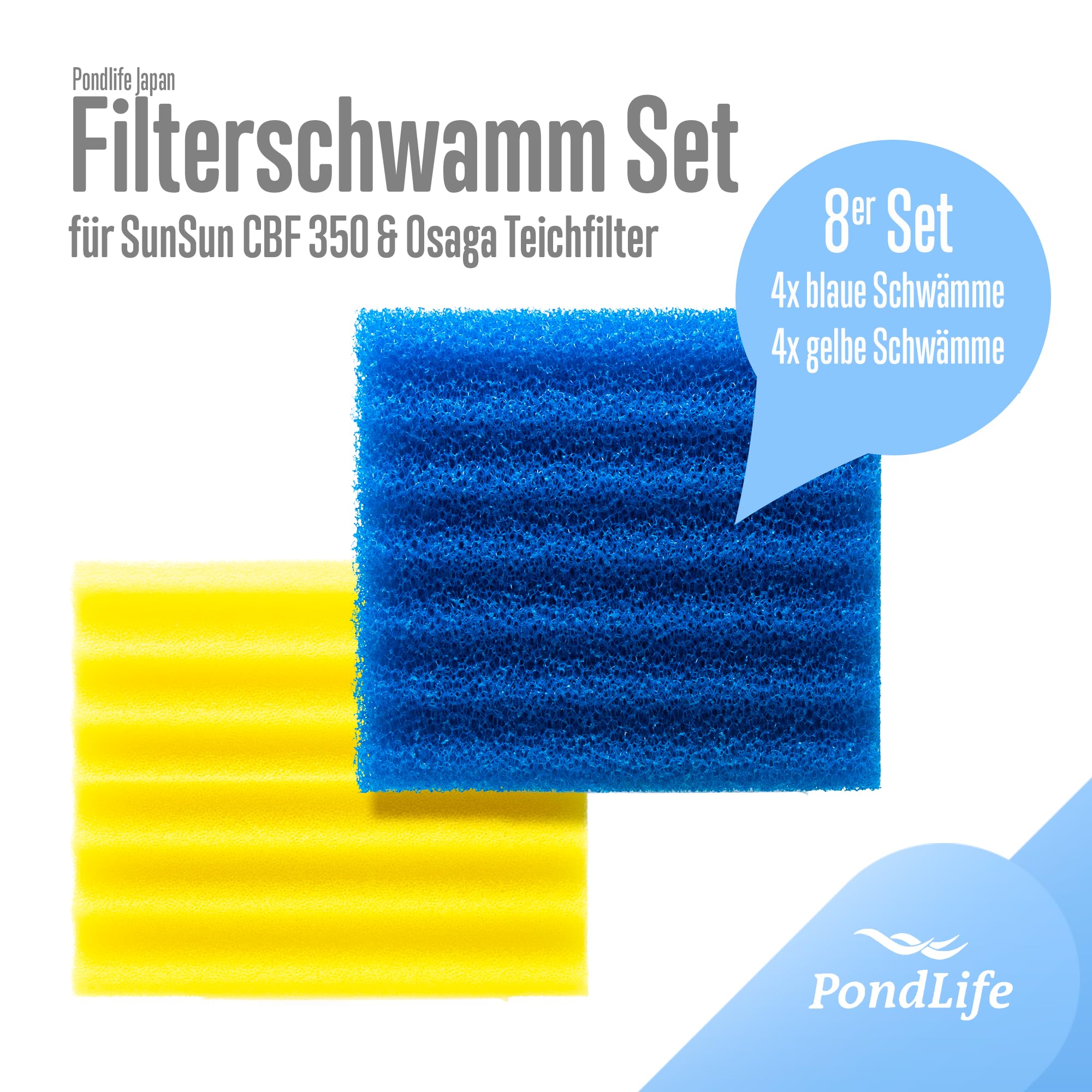 Pondlife Teichfilter Schwämme, Filterschwamm-Set für Teichfilter, 4x Gelb (Fein), 4x Blau (Grob), kompatibel mit SunSun CBF 350 und Osaga Kammerfilter, offenporiger Schaumstoff