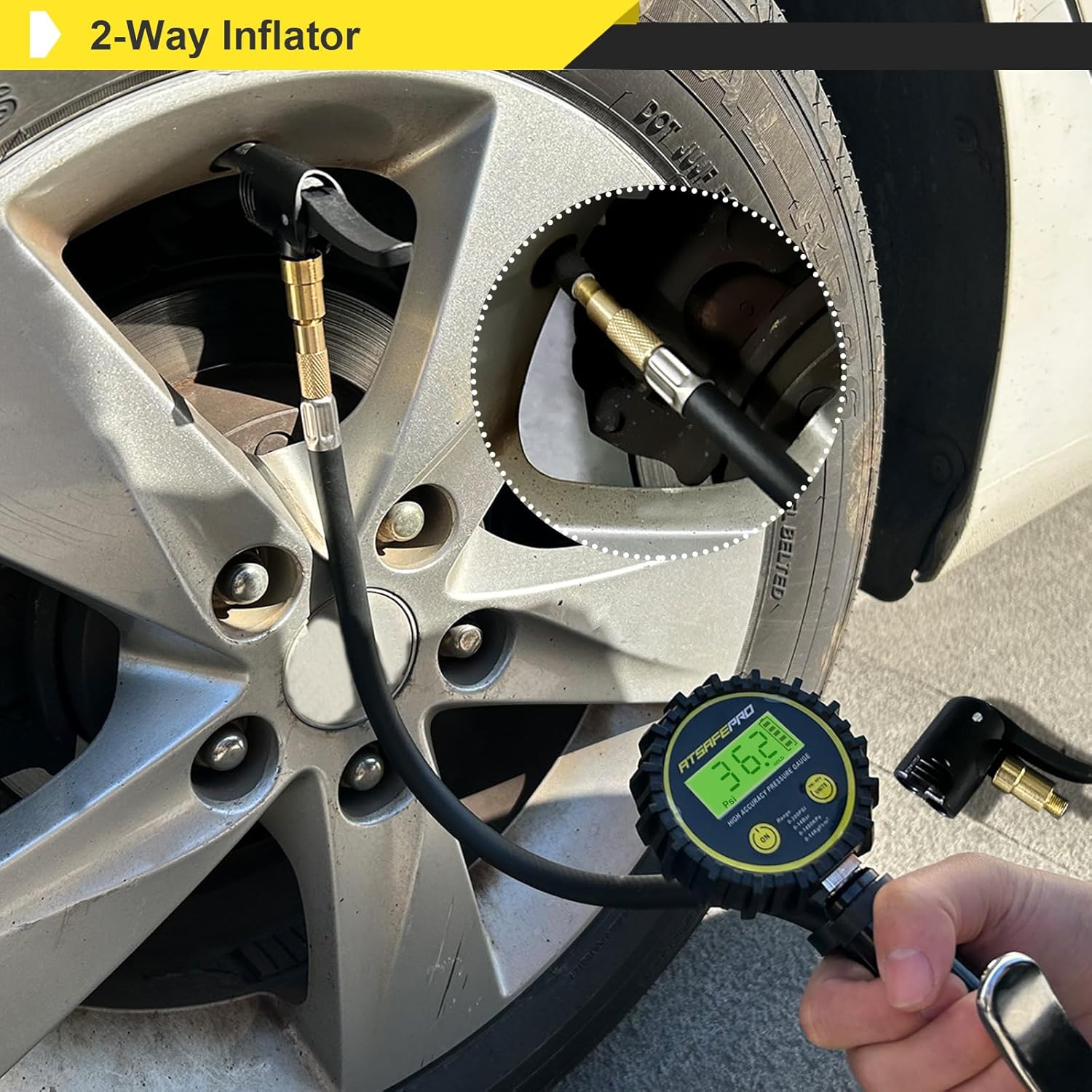 Person inflating a car tire using the ATsafepro digital inflator
