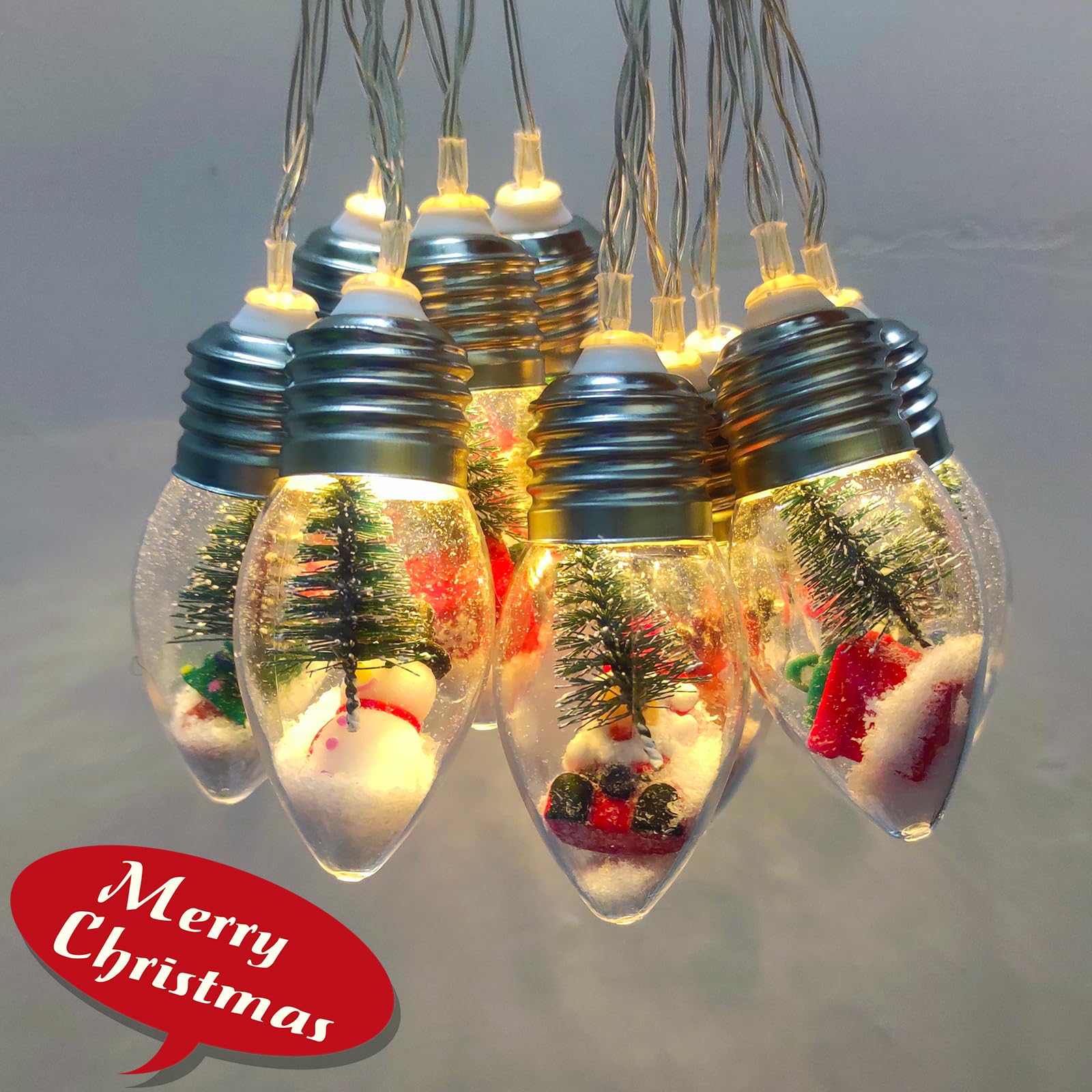 Luci natalizie vintage a batteria, 2 pezzi, 2 pezzi, globo di neve con timer, 10 lampadine a LED con albero e graziosi ornamenti per interni, camera da letto, albero, caminetto, giardino, feste
