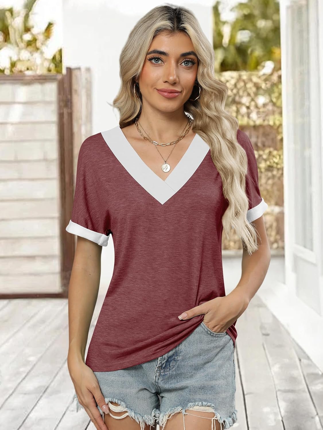 Women Summer Top V Neck Short Sleeve Blouse Casual Loose Tees Comfort Colors Tshirt 2026 Fashion Beach Vacation Clothe - Image 5