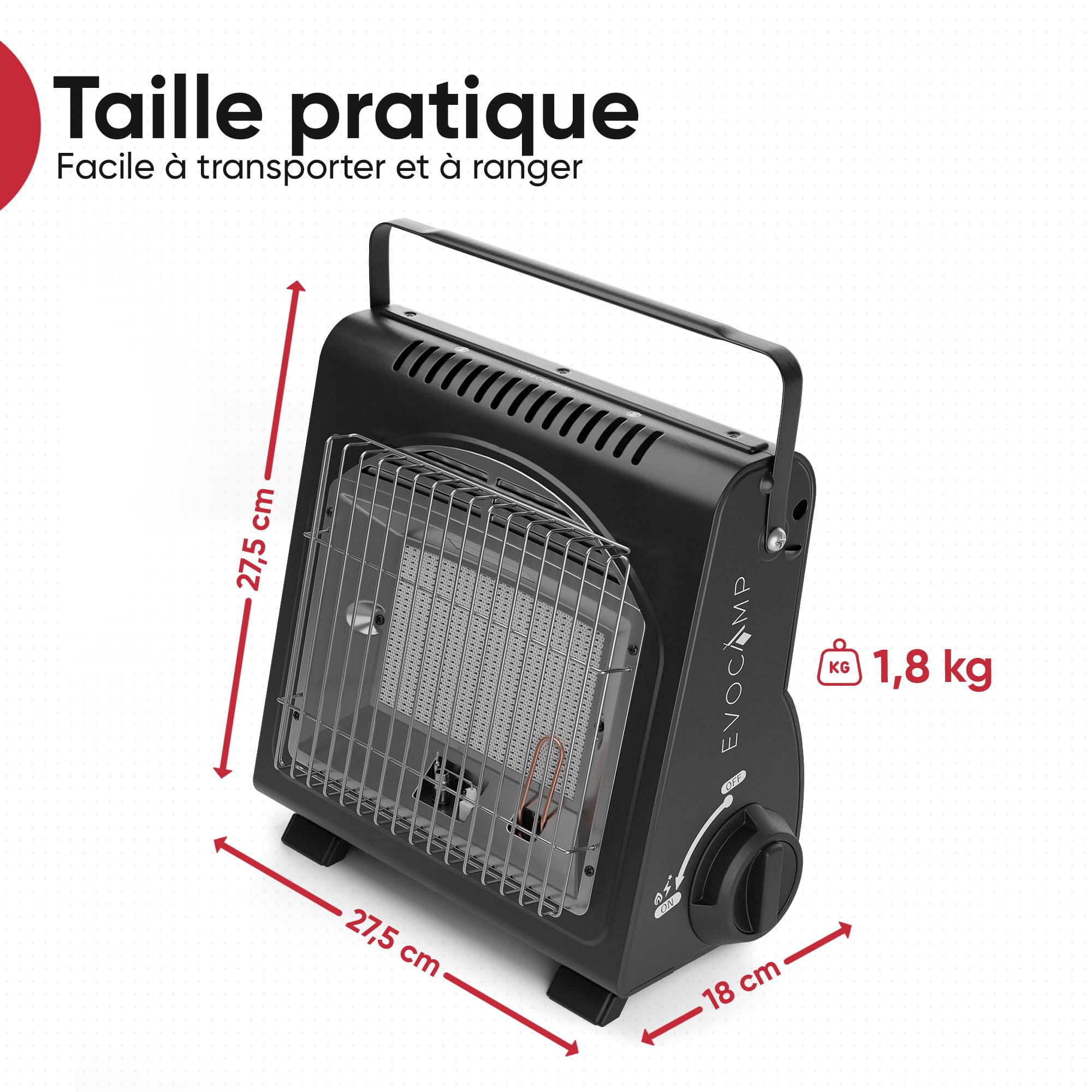 EVOCAMP Chauffage à gaz portable, réchauffeur de camping 1,7 kW, chauffage céramique pour une utilisation en extérieur avec détecteur de manque d’oxygène, avec 4 cartouches de gaz