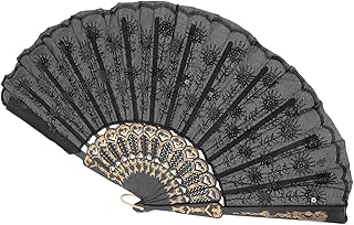 [DECHOUS] 黒いハンドル刺繍スパンコール折りたたみ扇子 中国舞踊孔雀尾デザイン 舞台公演用ダンス扇子 ステージ装飾と伝統文化プレゼント用