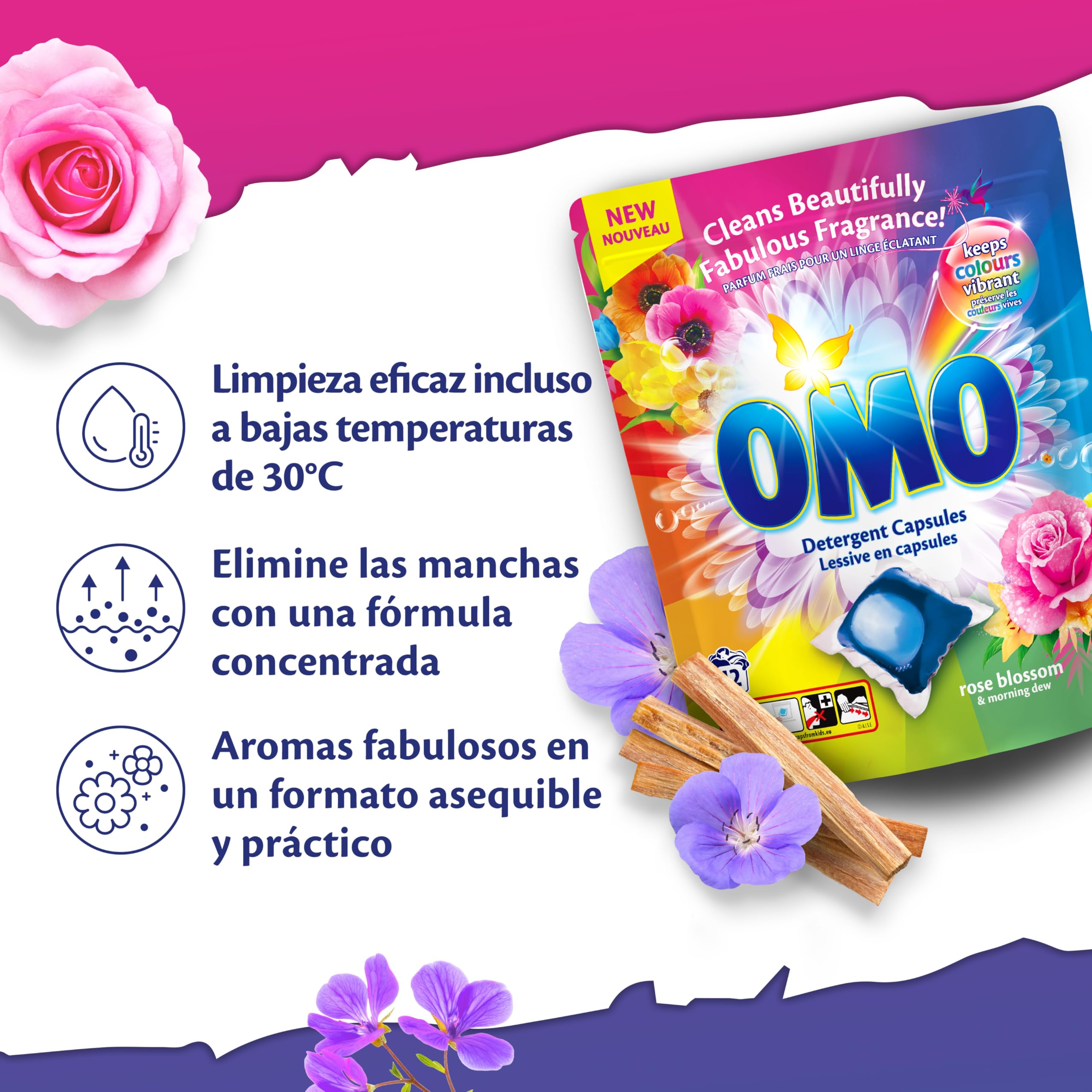 OMO Cápsulas Detergente Rosa Blossom | Pack Grande | 168 Cápsulas