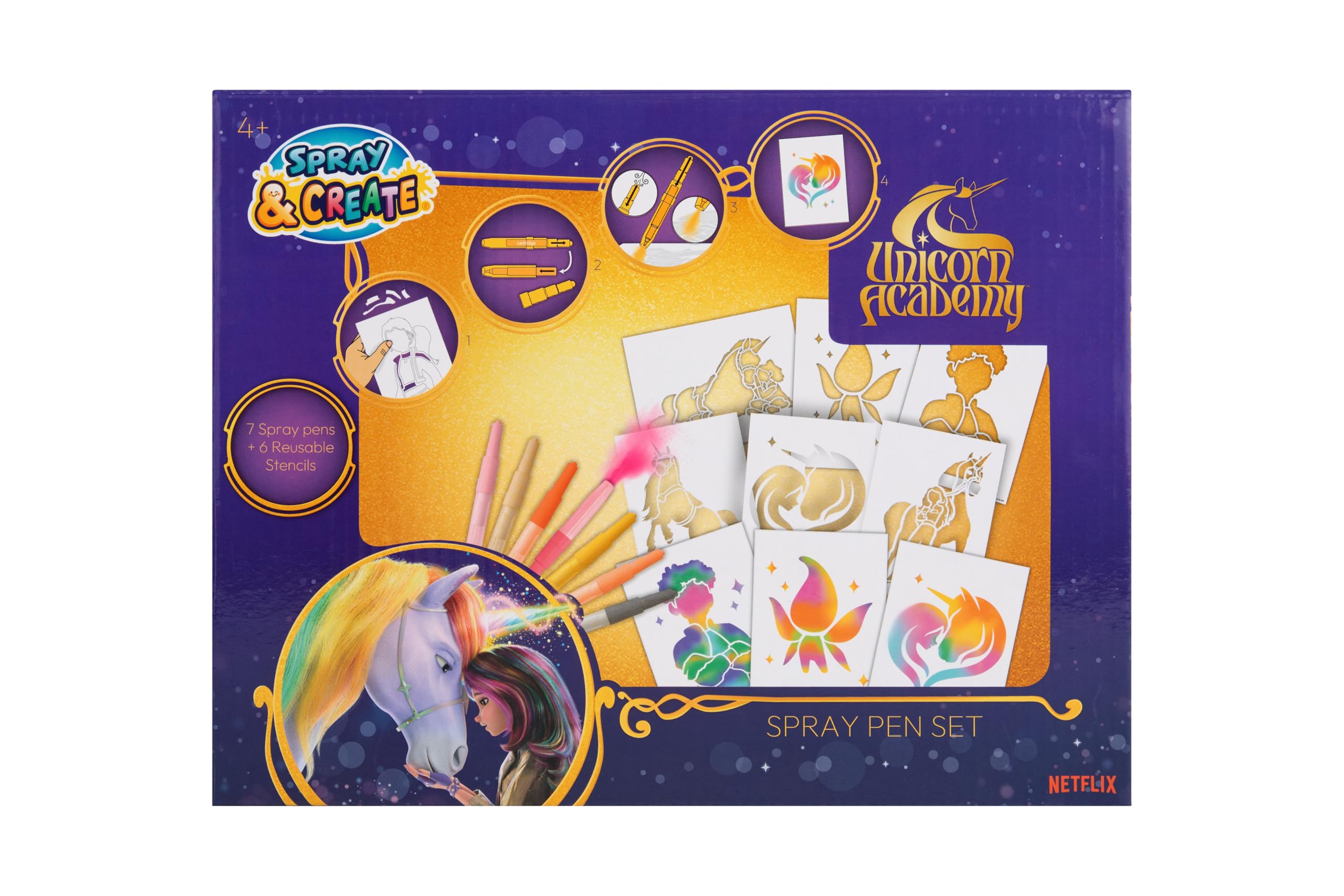 Unicorn Academy Spray Pen Set | Airbrush Painting Set with 7 Dandelion Pens & 6 Stencils | Magic Pens for Children | Creative Craft Set with Spray Pens | Official Netflix Fan Item Gift